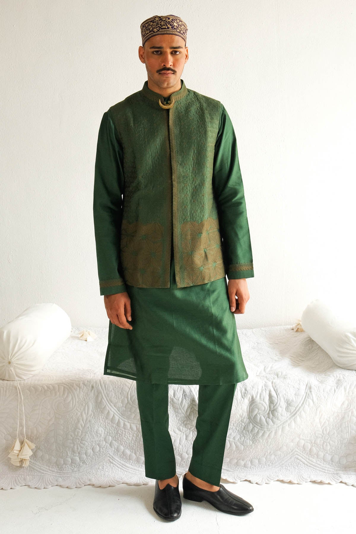 WABI SABI Green Aari Embroidered Bundi Set for men online at ScrollnShops