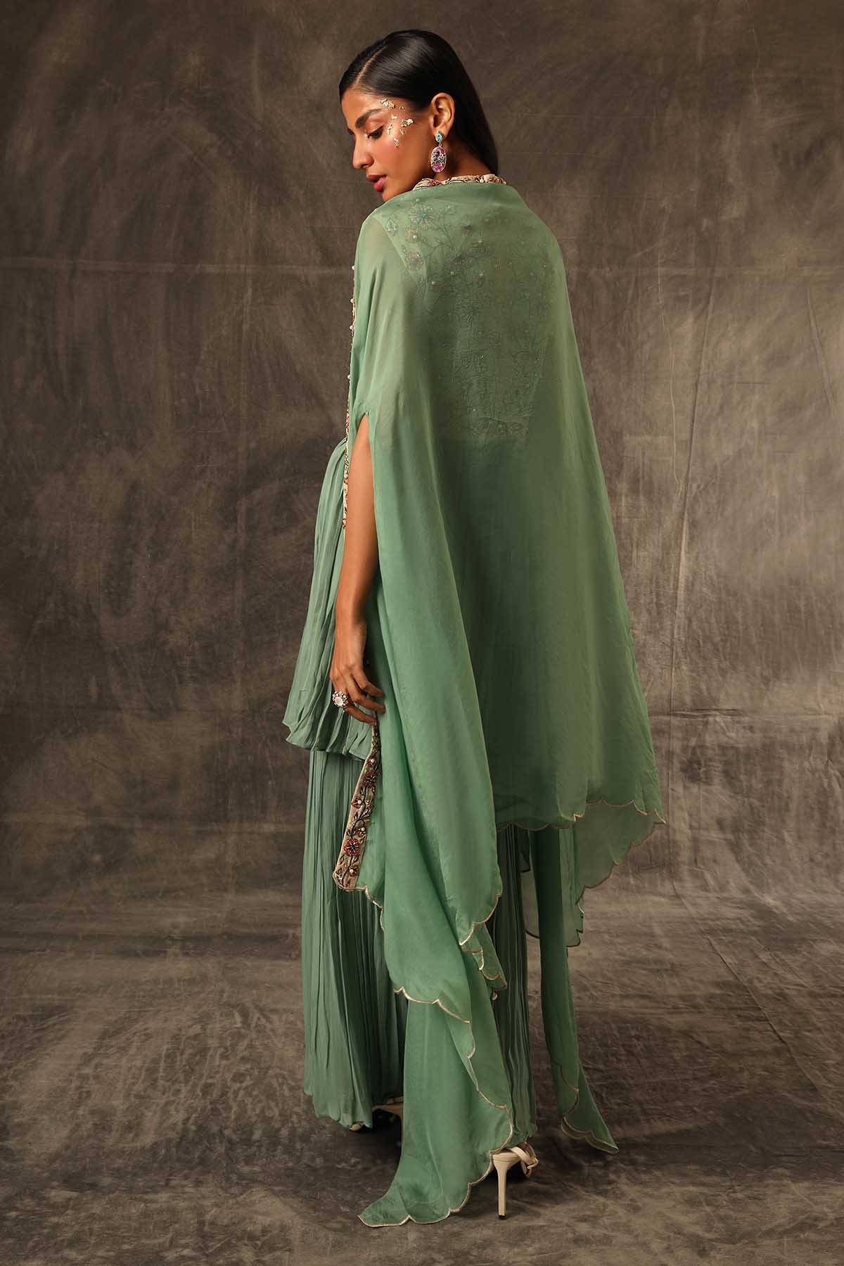 Green Aari Gathered Kurta Set