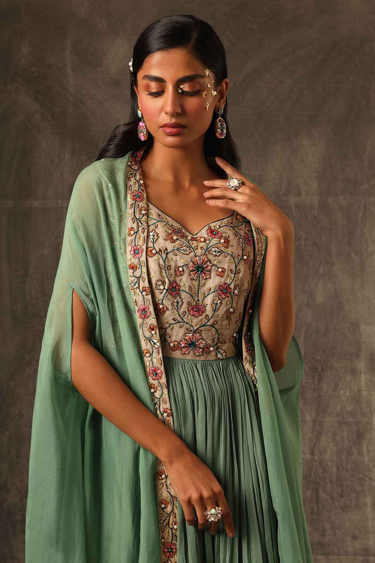 Green Aari Gathered Kurta Set