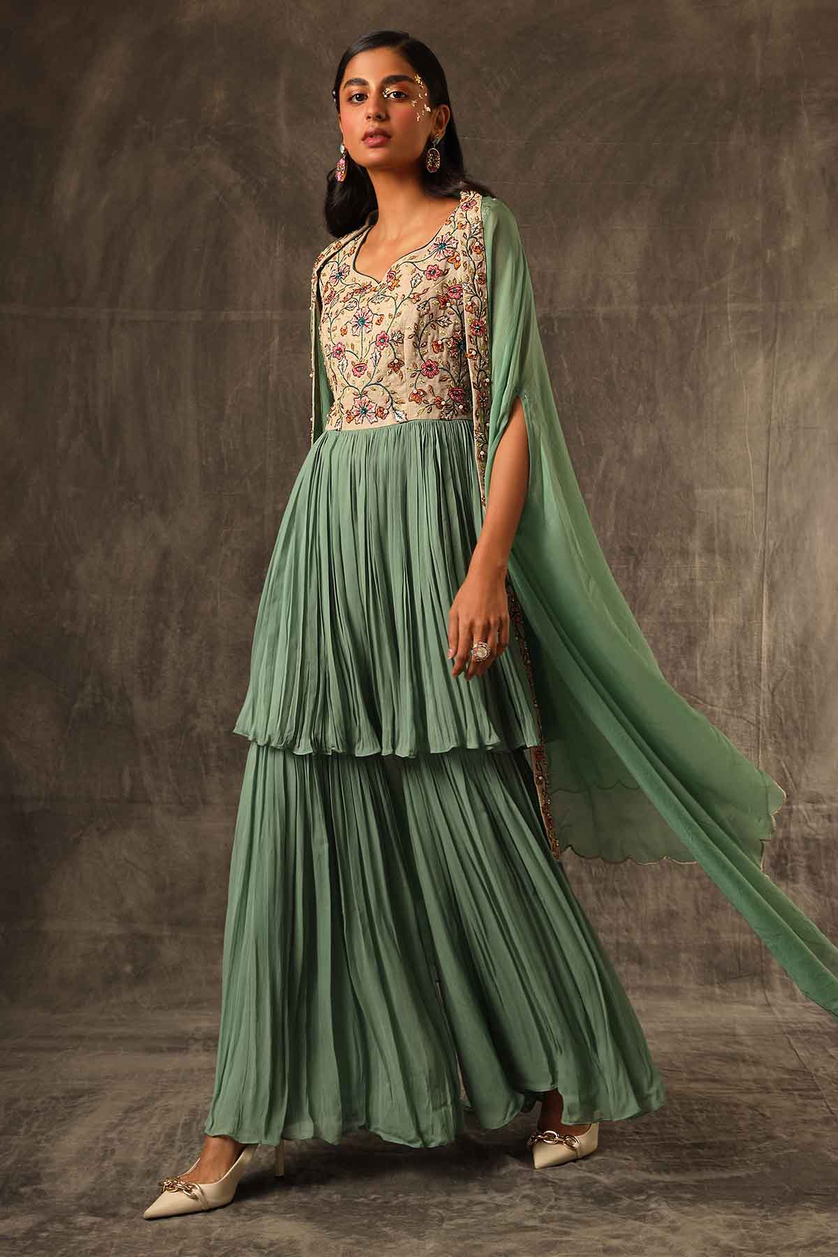 Green Aari Gathered Kurta Set