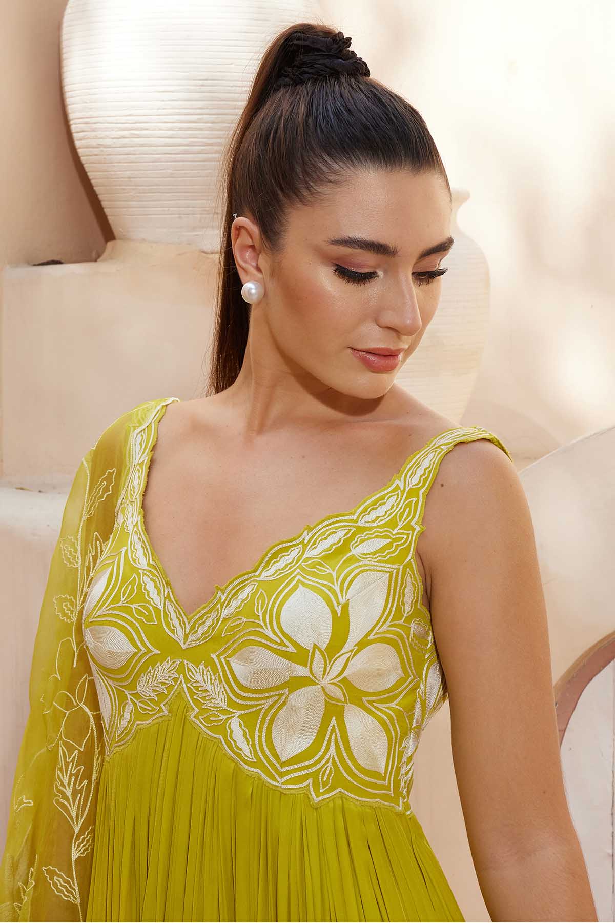 Green Aari Work Anarkali Set