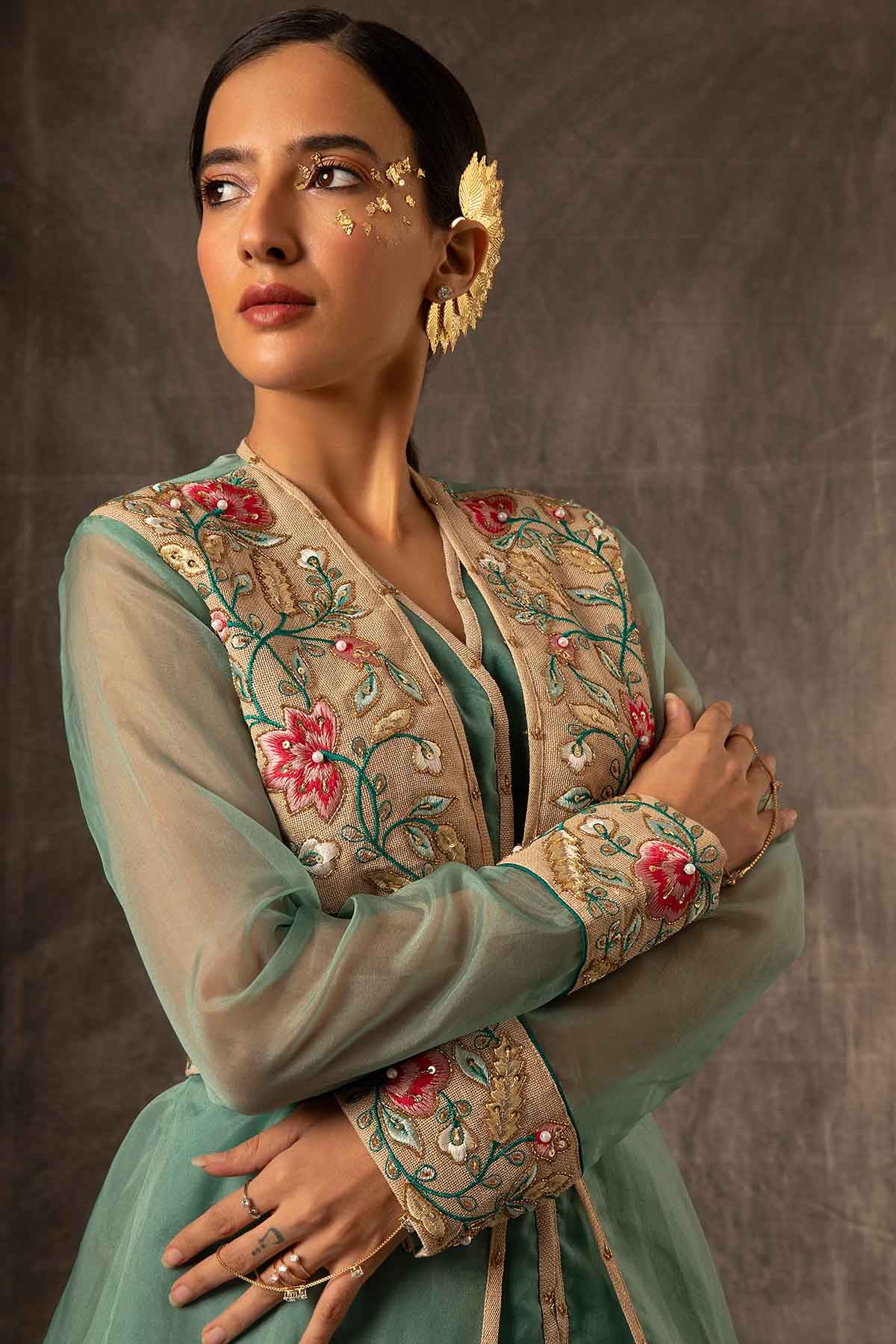 Green Aari Work Lehenga Set