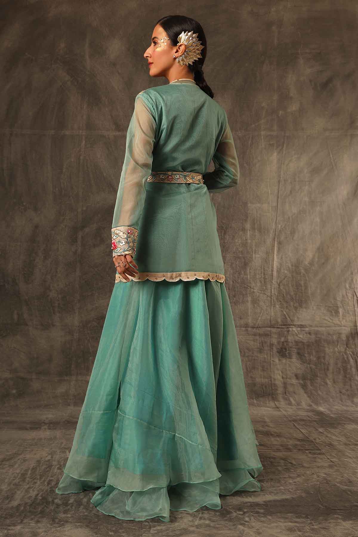 Green Aari Work Lehenga Set