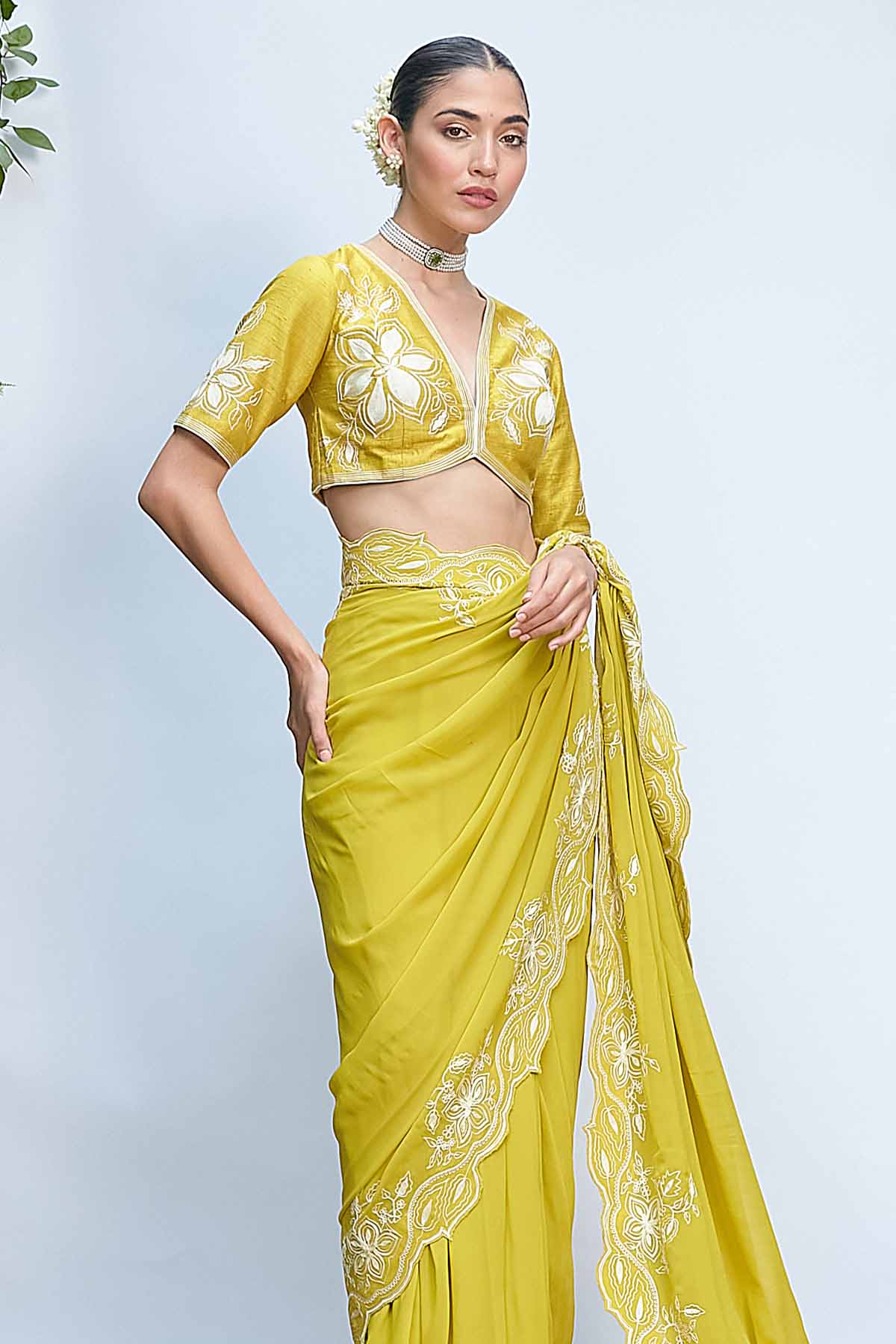 Green Aari Work Pre-Draped Saree