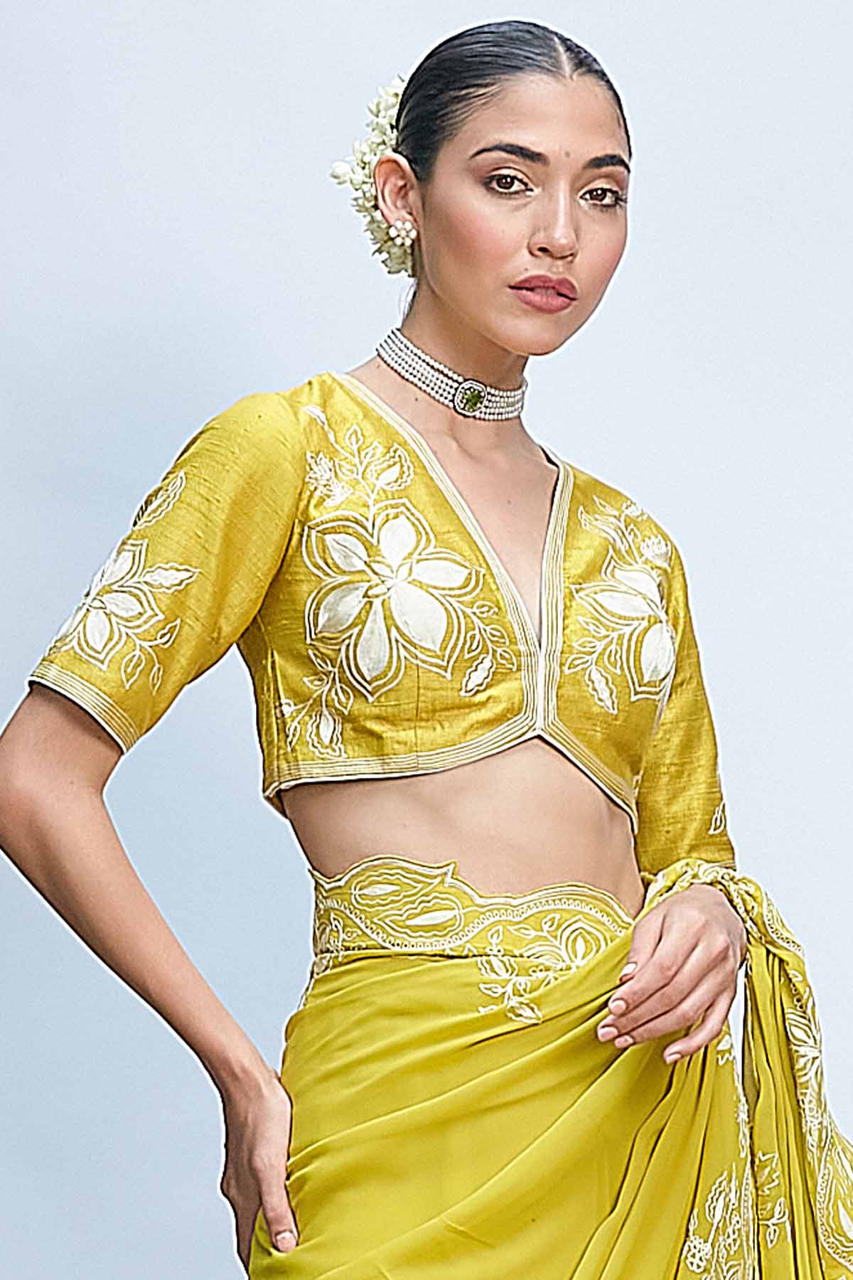 Green Aari Work Pre-Draped Saree