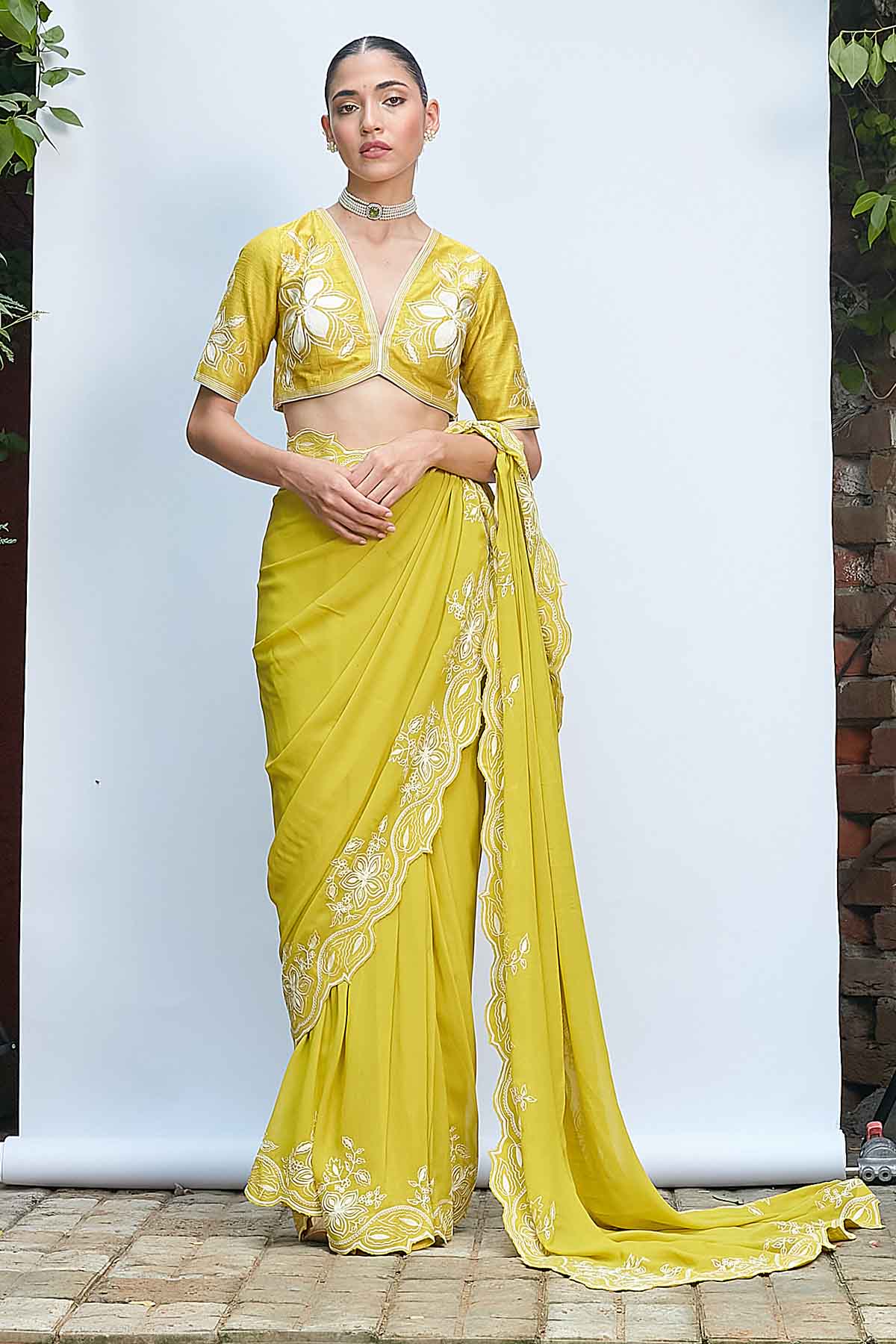 Priyanka Jain Green Aari Work Pre-Draped Saree for women online at ScrollnShops