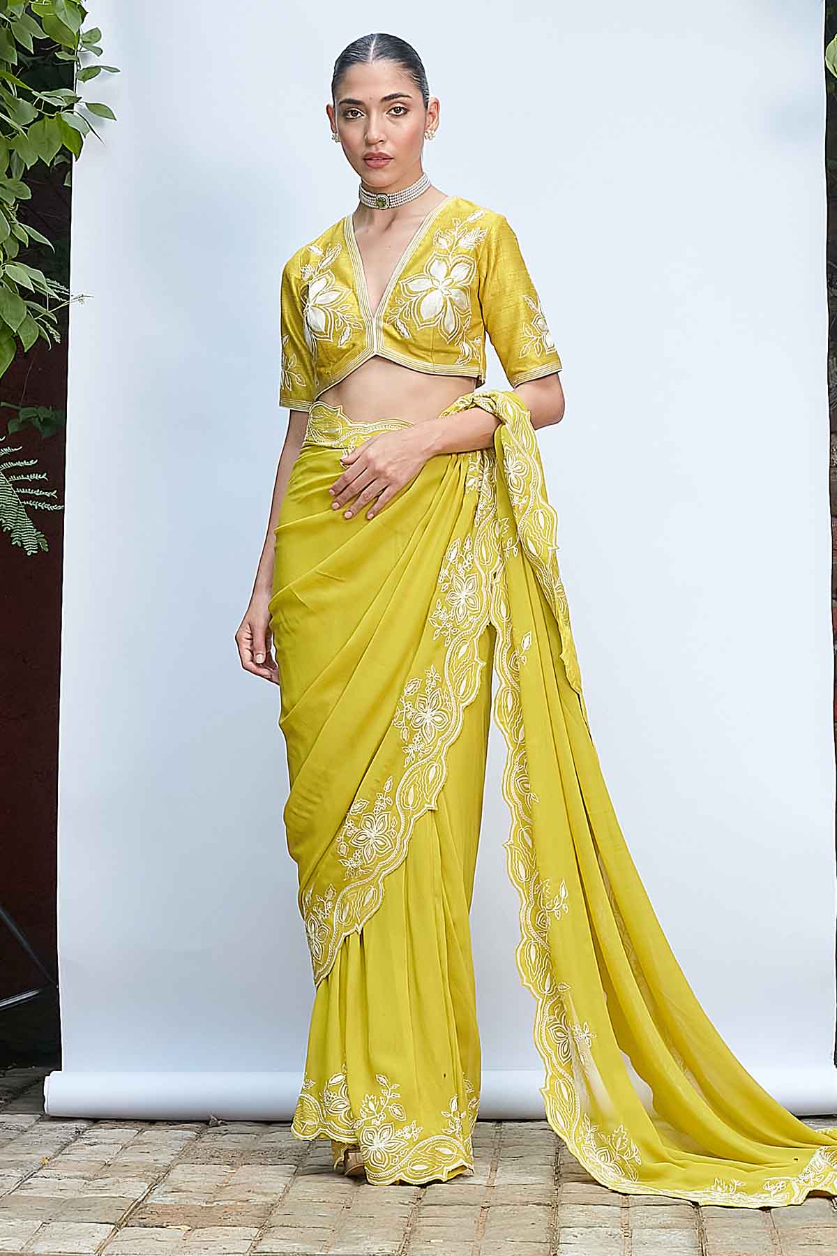 Green Aari Work Pre-Draped Saree