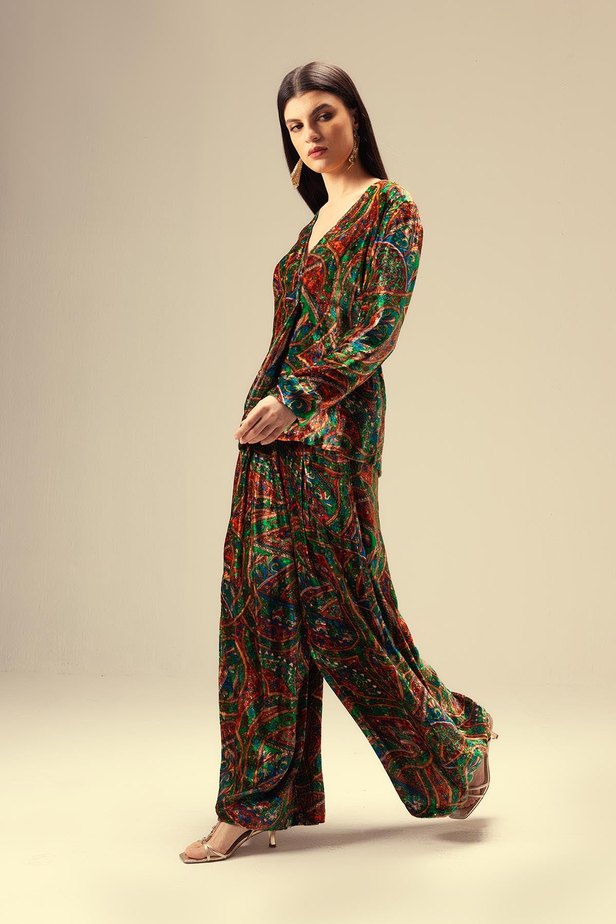 Green Abstract Print Jacket Set