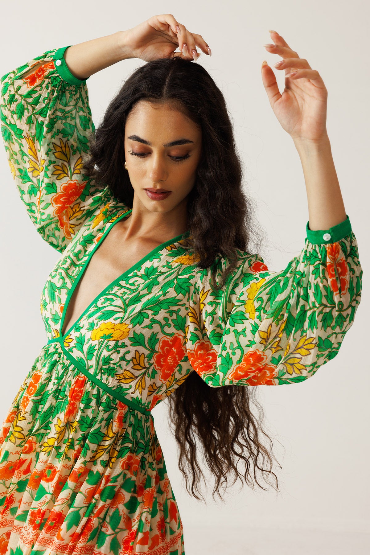 Green And Orange Chiffon Dress