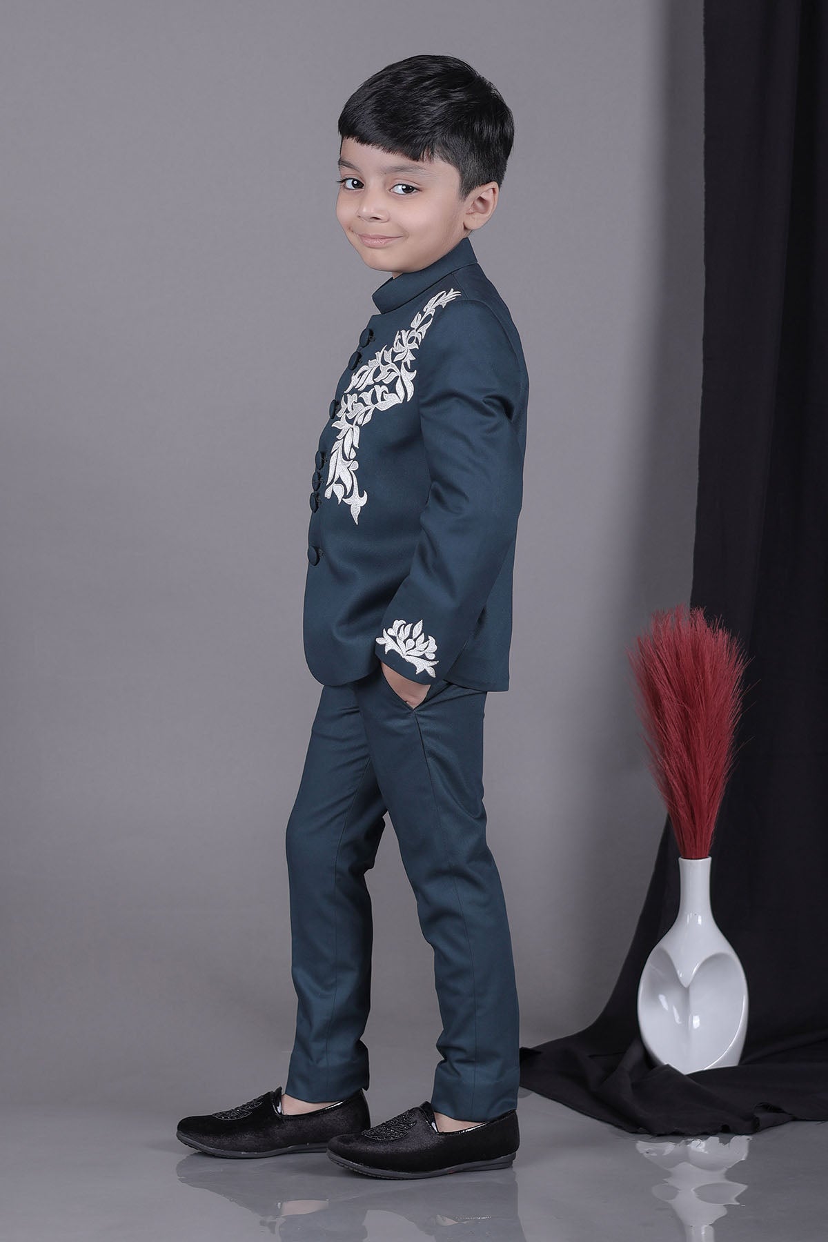 Green Applique Bandhgala Set