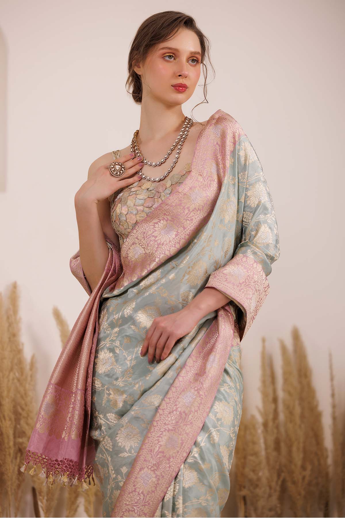 Applique Green Saree & Blouse