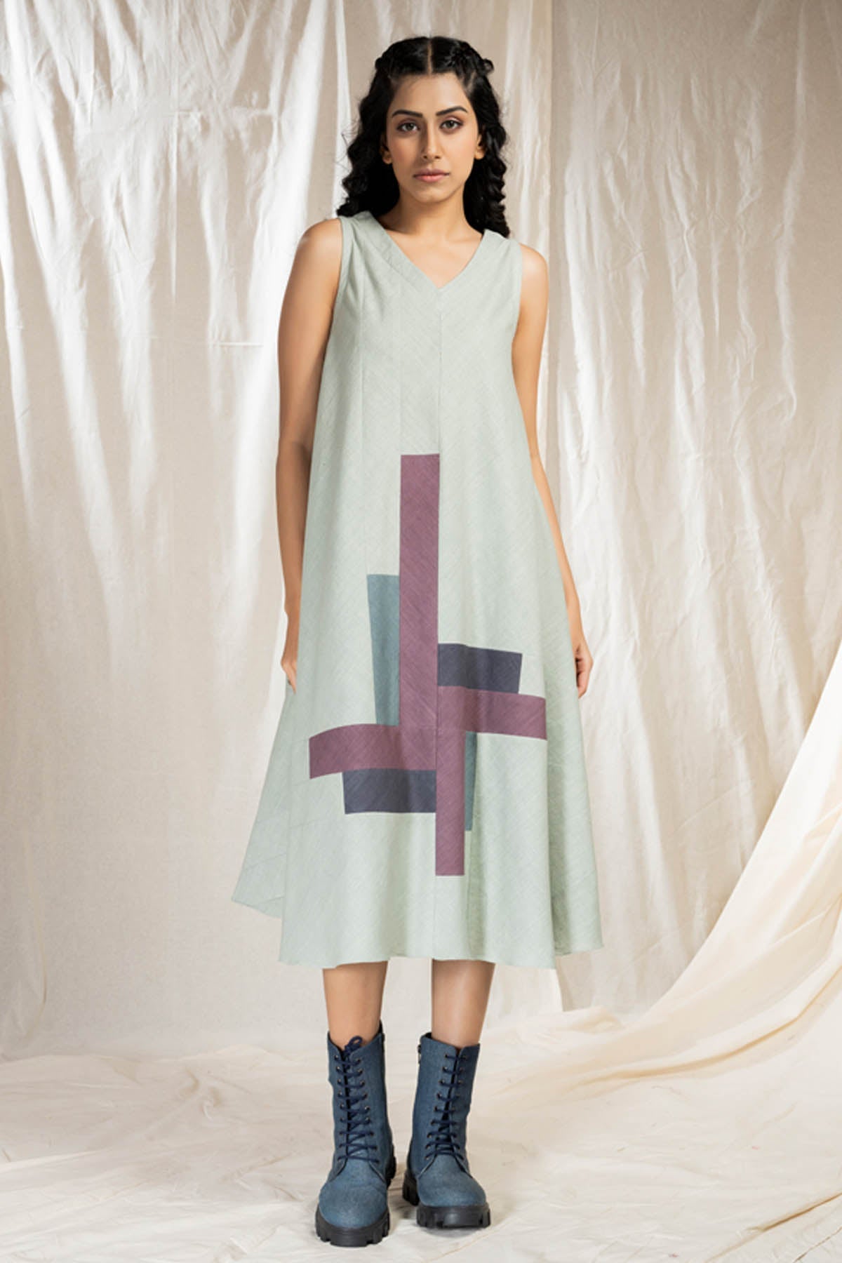 Thread Game Green Applique Work Midi Dress for women online at ScrollnShops