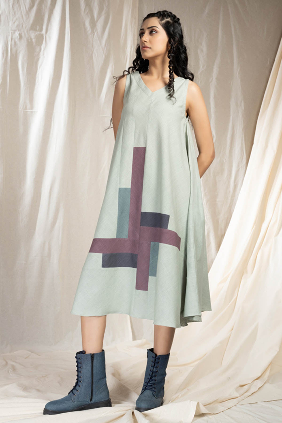 Green Applique Work Midi Dress