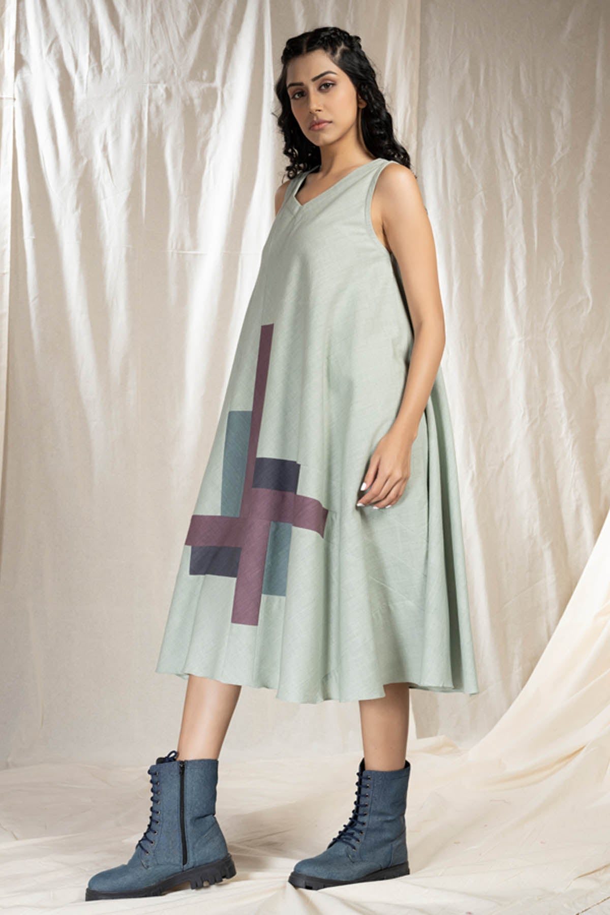 Green Applique Work Midi Dress