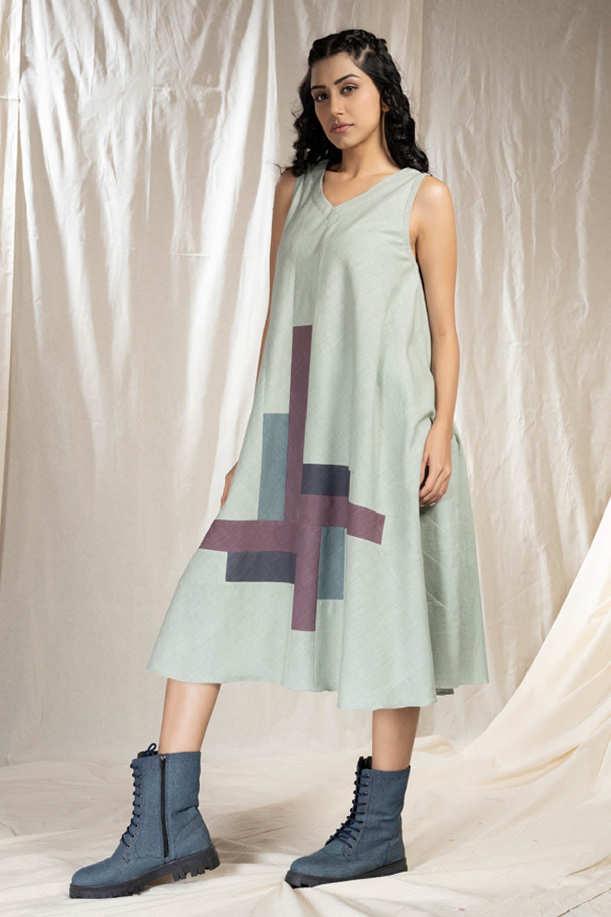 Green Applique Work Midi Dress