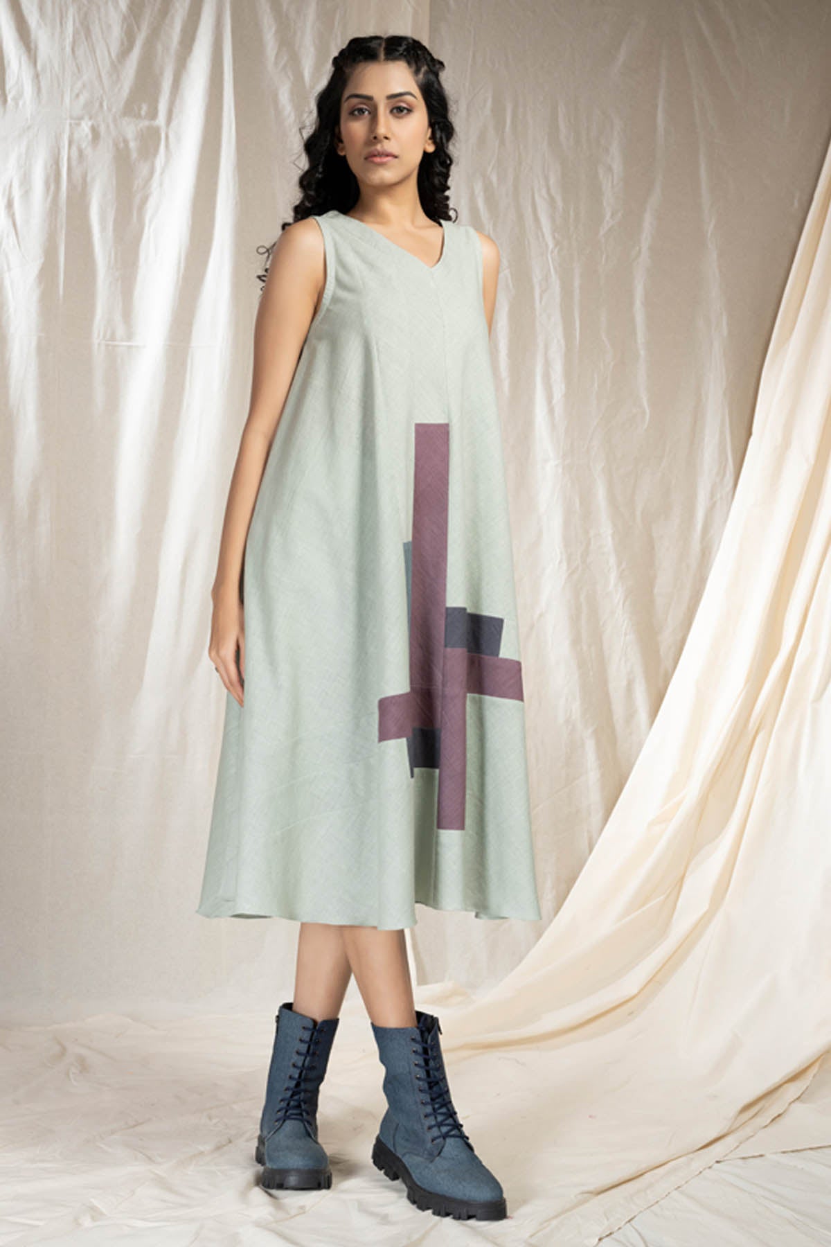 Green Applique Work Midi Dress