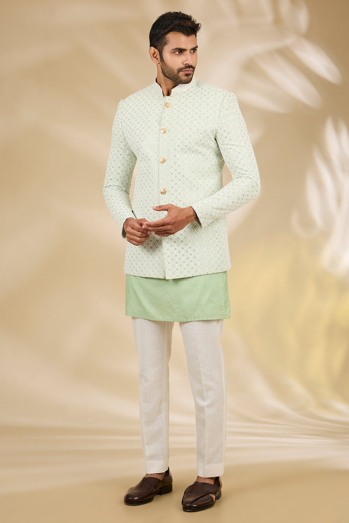Buy Green Art Silk Bandhgala Set for women by Manish Nagdeo online available at scrollnshops