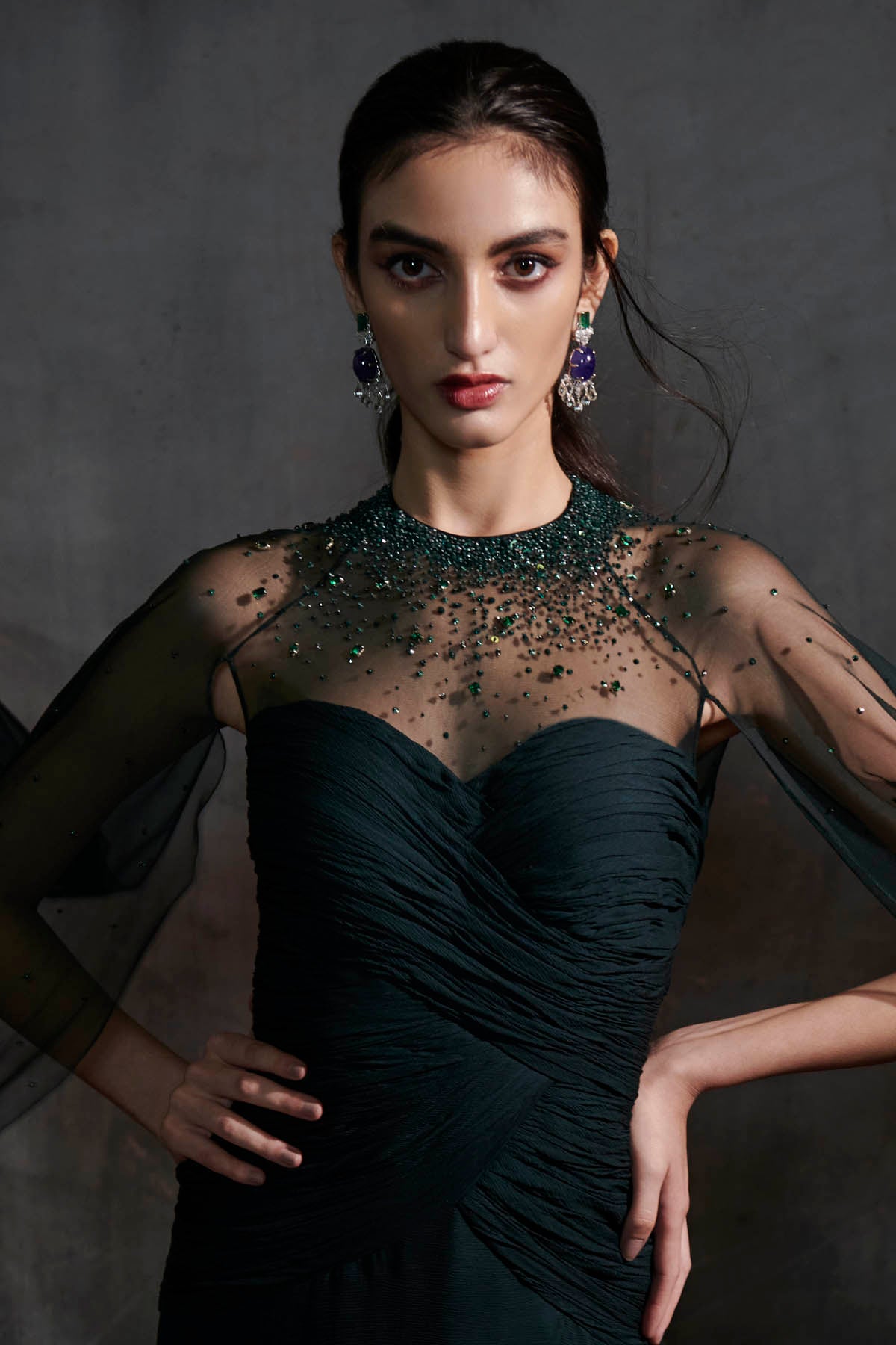 Green Asymmertical Ruched Gown