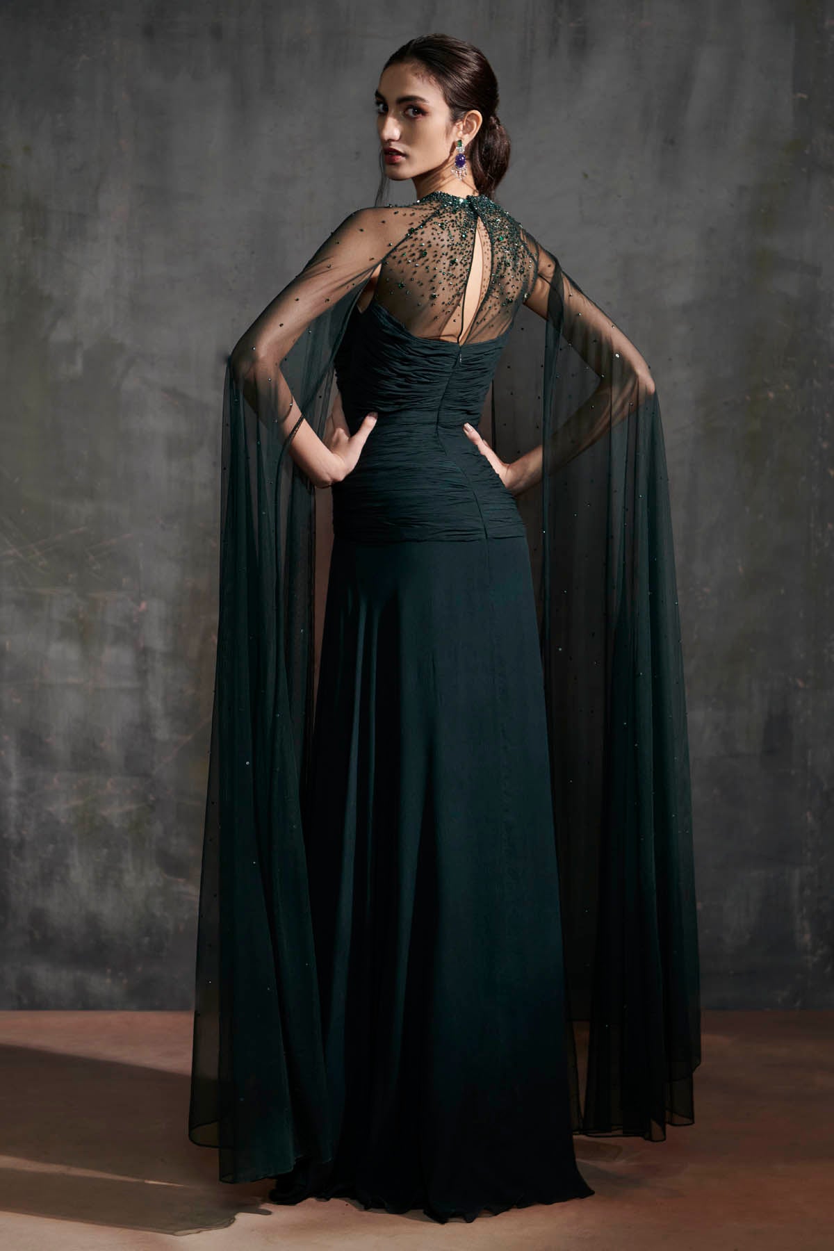 Green Asymmertical Ruched Gown