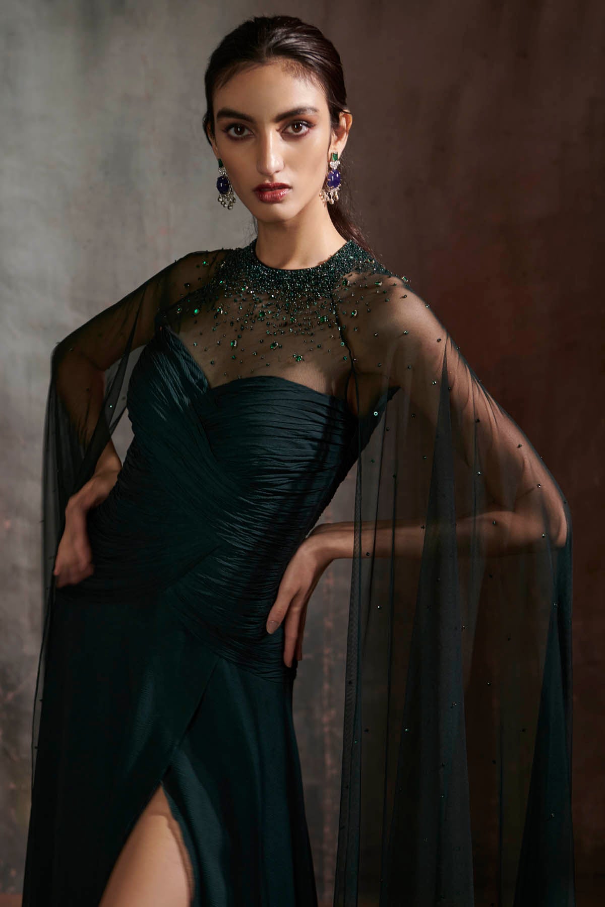 Green Asymmertical Ruched Gown