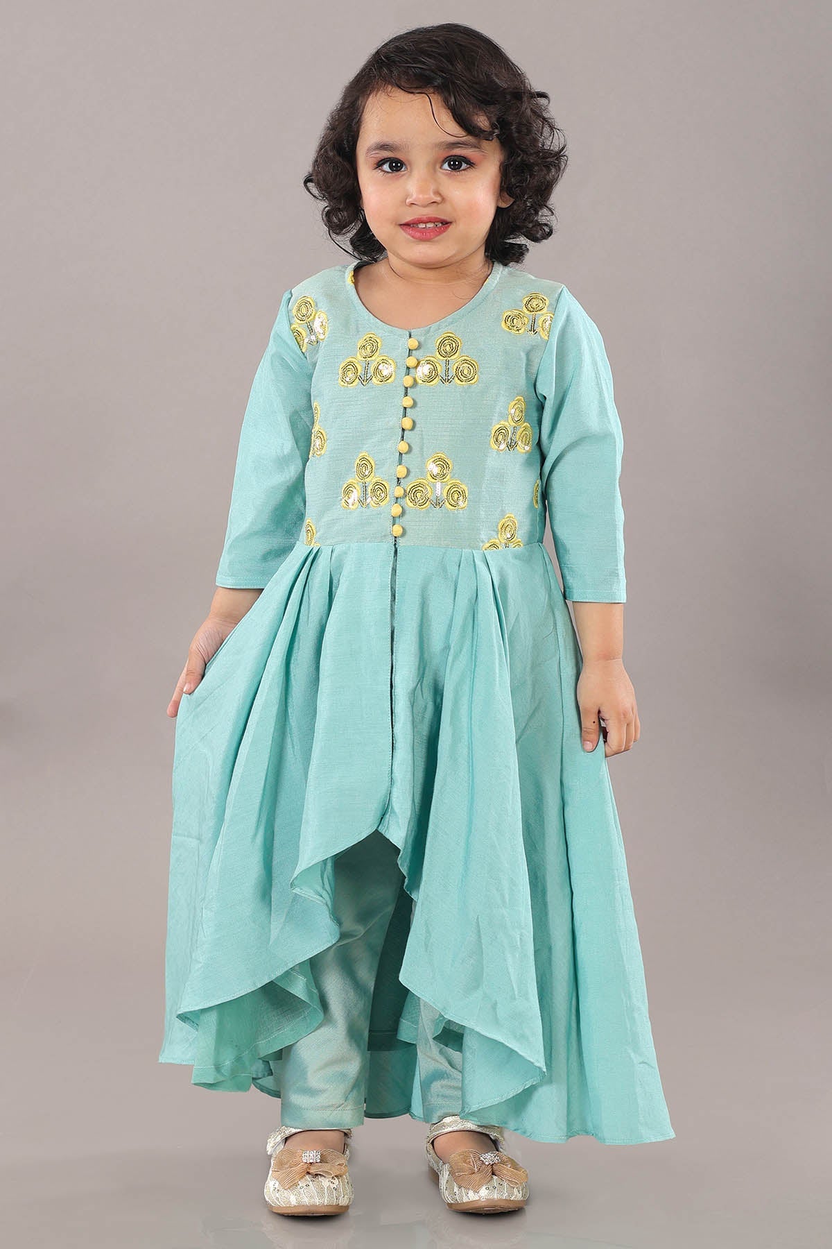 Buy Green Asymmetrical Anarkali Set by Little Brats for Girls online at ScrollnShops