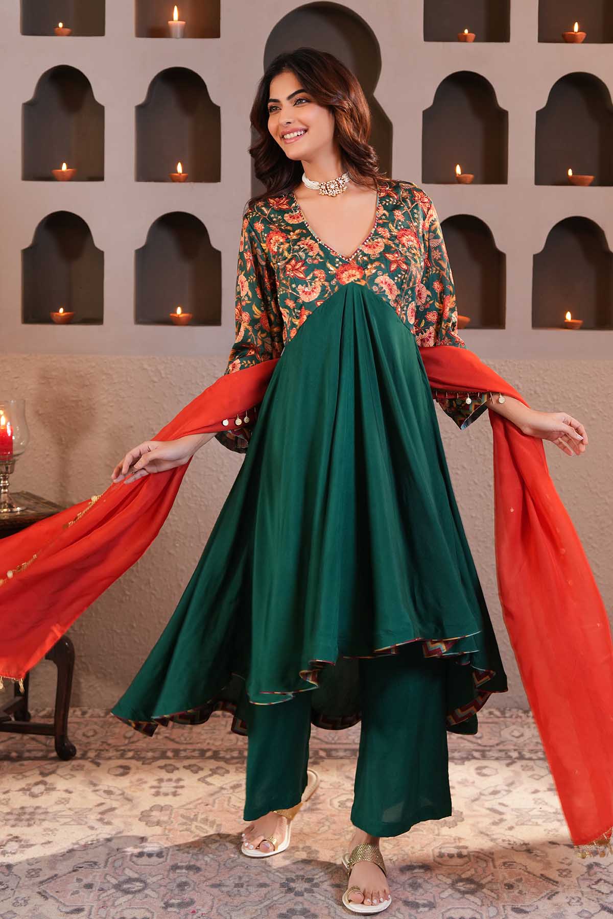 Green Asymmetrical Kurta Set
