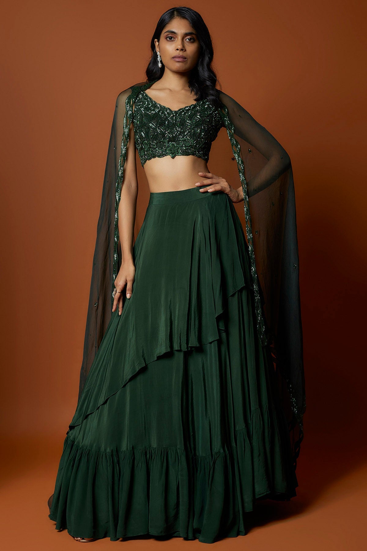 Mehak Murpana Green Asymmetrical Lehenga Set for Women Online at ScrollnShops