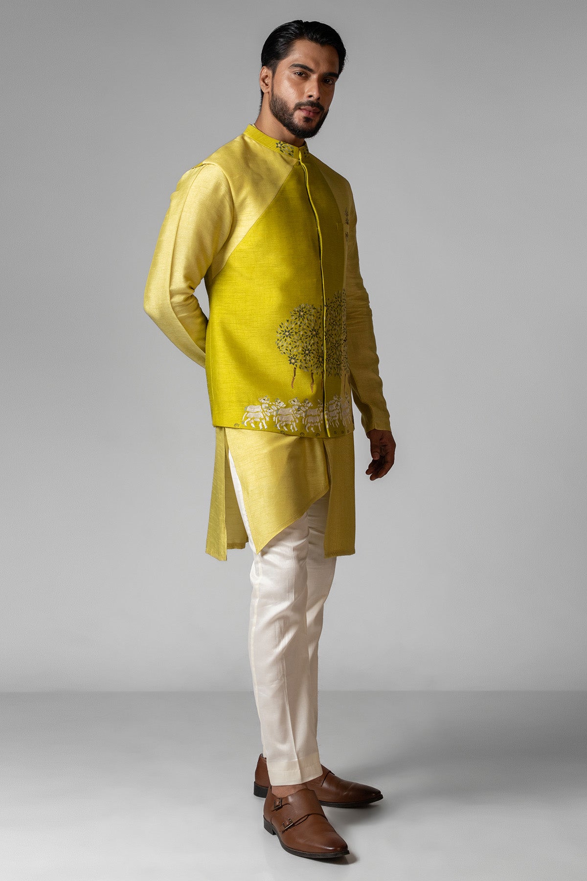 Green Bam Silk Resham Kurta Set