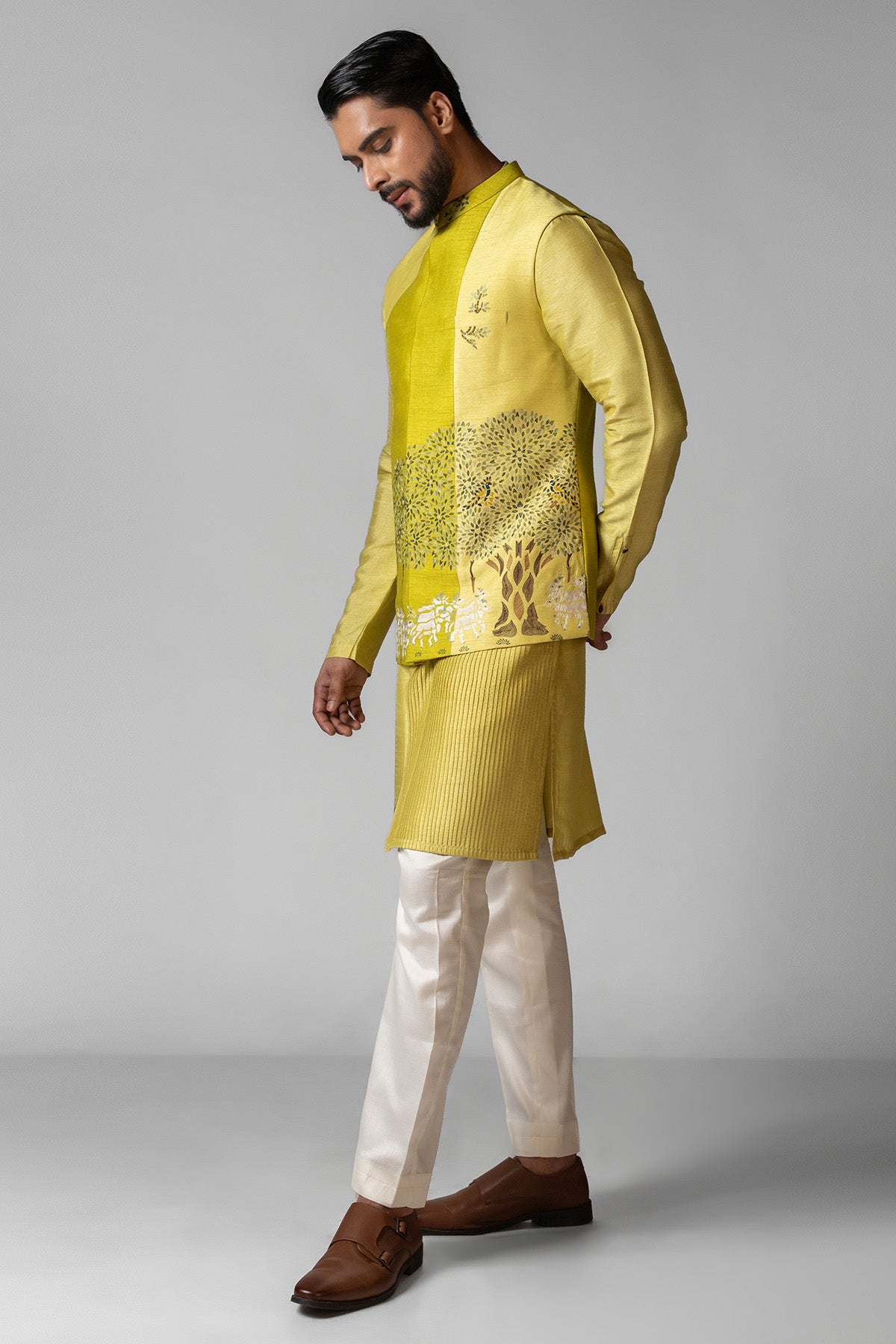 Green Bam Silk Resham Kurta Set