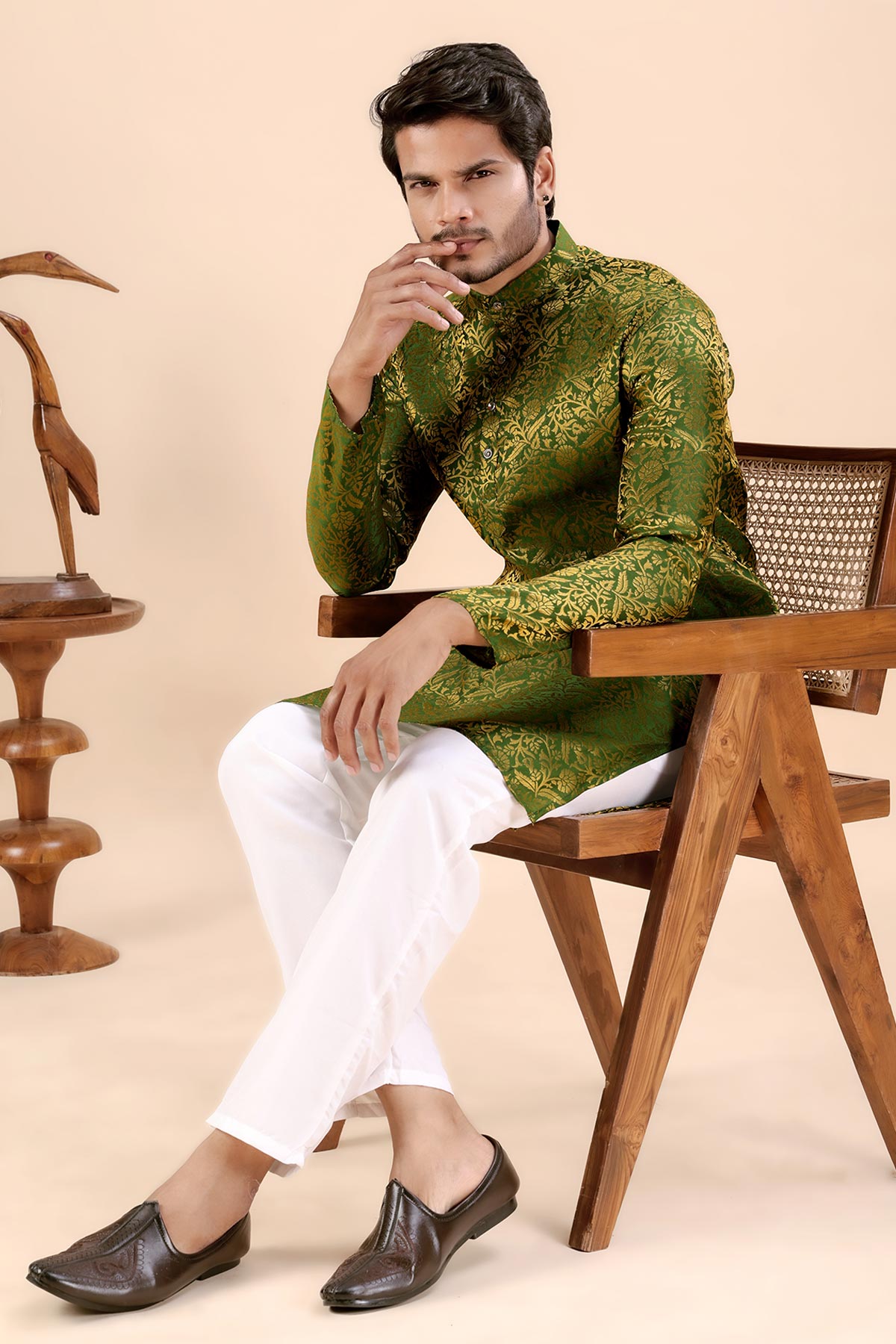 Green Banarasi Jacquard Kurta