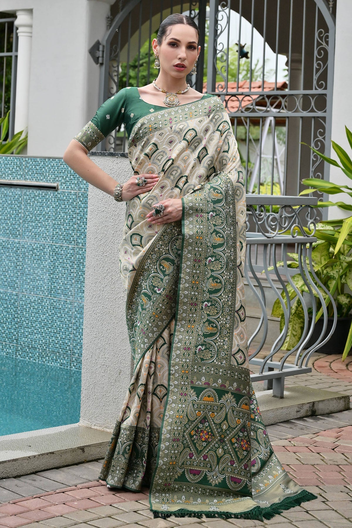 Buy Green Banarasi Silk Woven Saree for women by Lili Lala Designer online available at scrollnshops