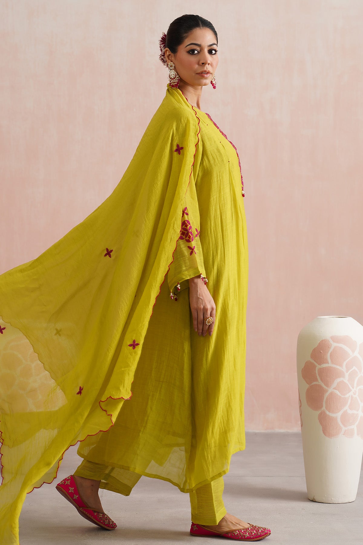 Green Bead Work A-Line Kurta Set