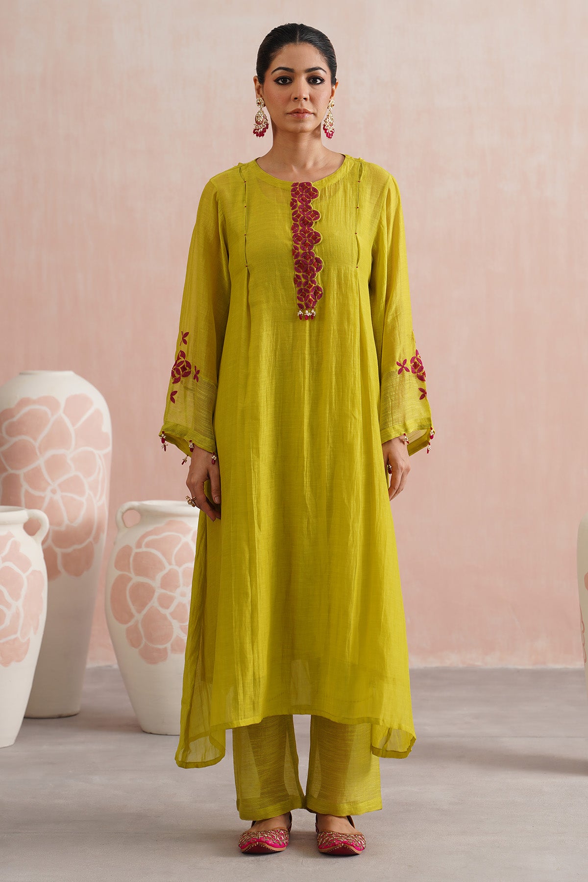 Green Bead Work A-Line Kurta Set