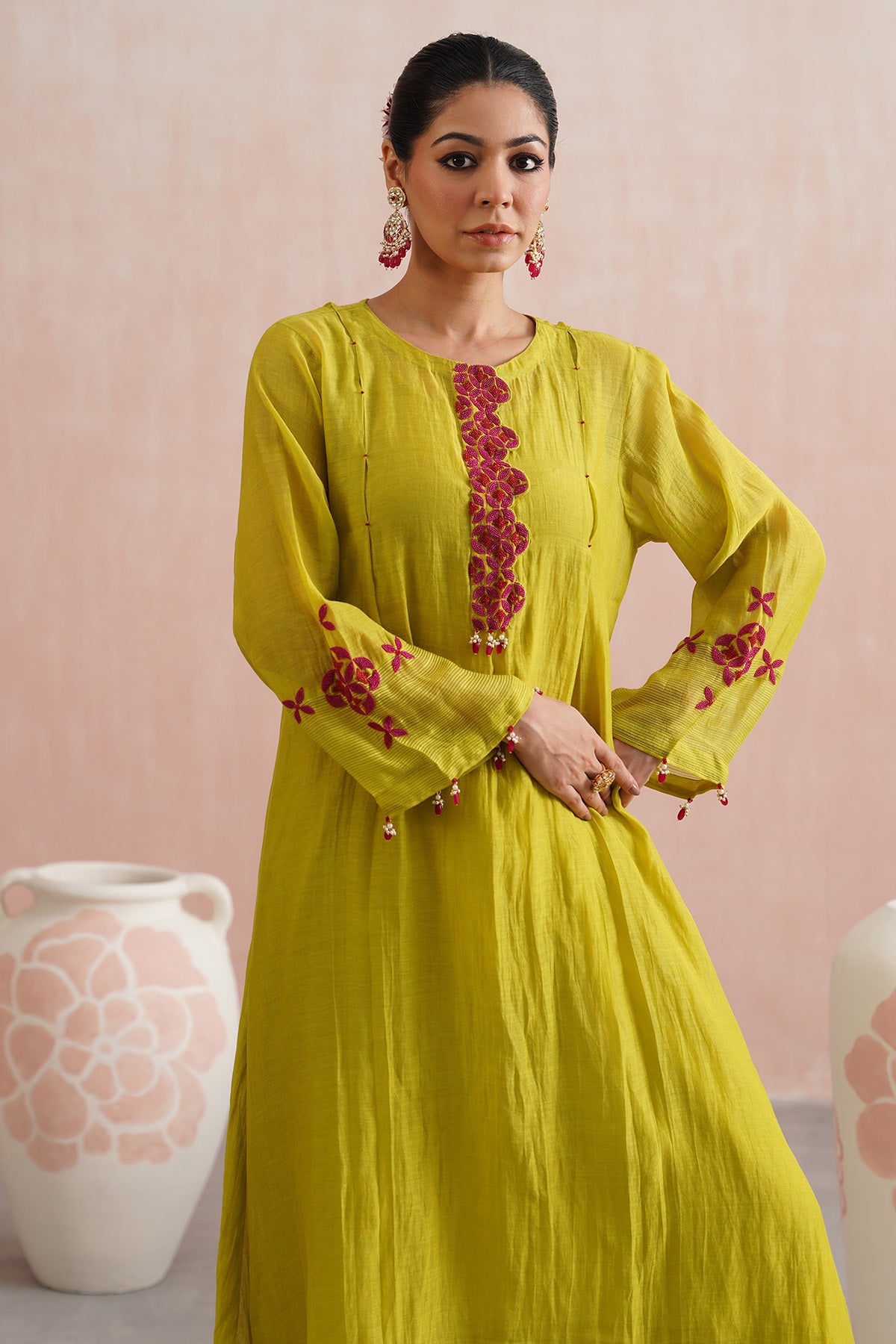 Green Bead Work A-Line Kurta Set