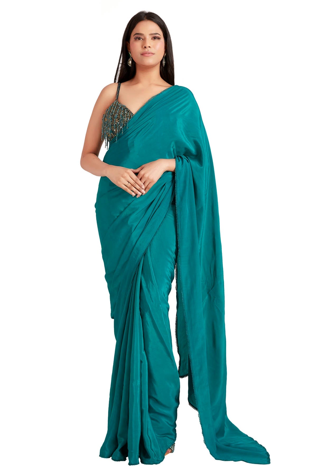 Vastra by Mala Munde Green Beads Embroidered Saree for women online at ScrollnShops