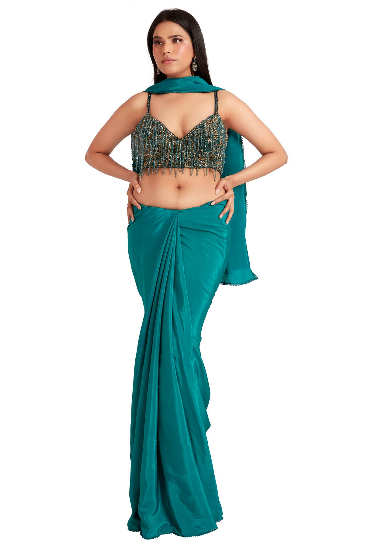 Green Beads Embroidered Saree