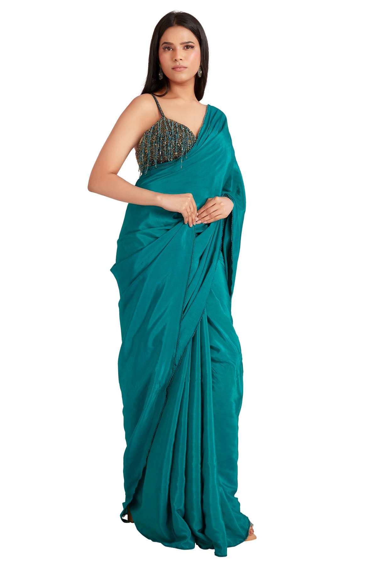 Green Beads Embroidered Saree