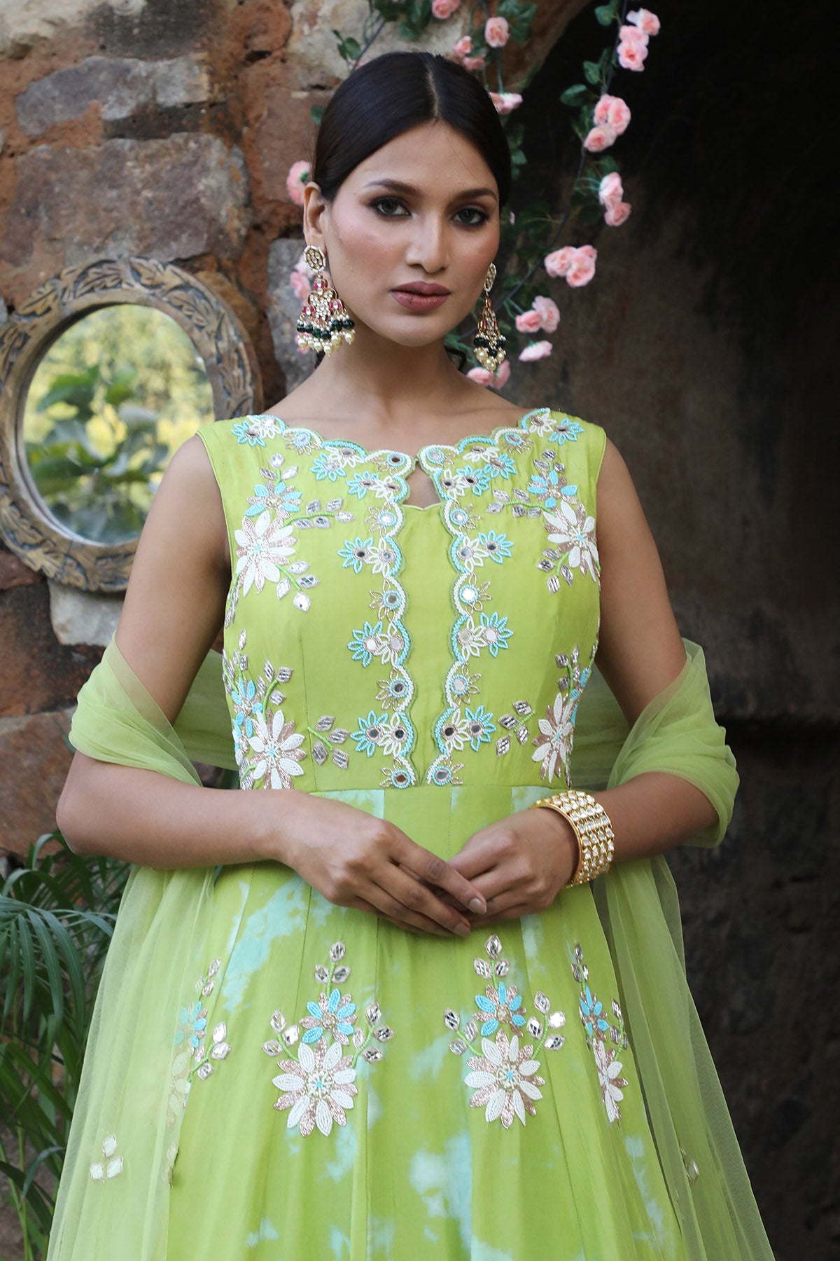 Green Beads Work Anarkali Set