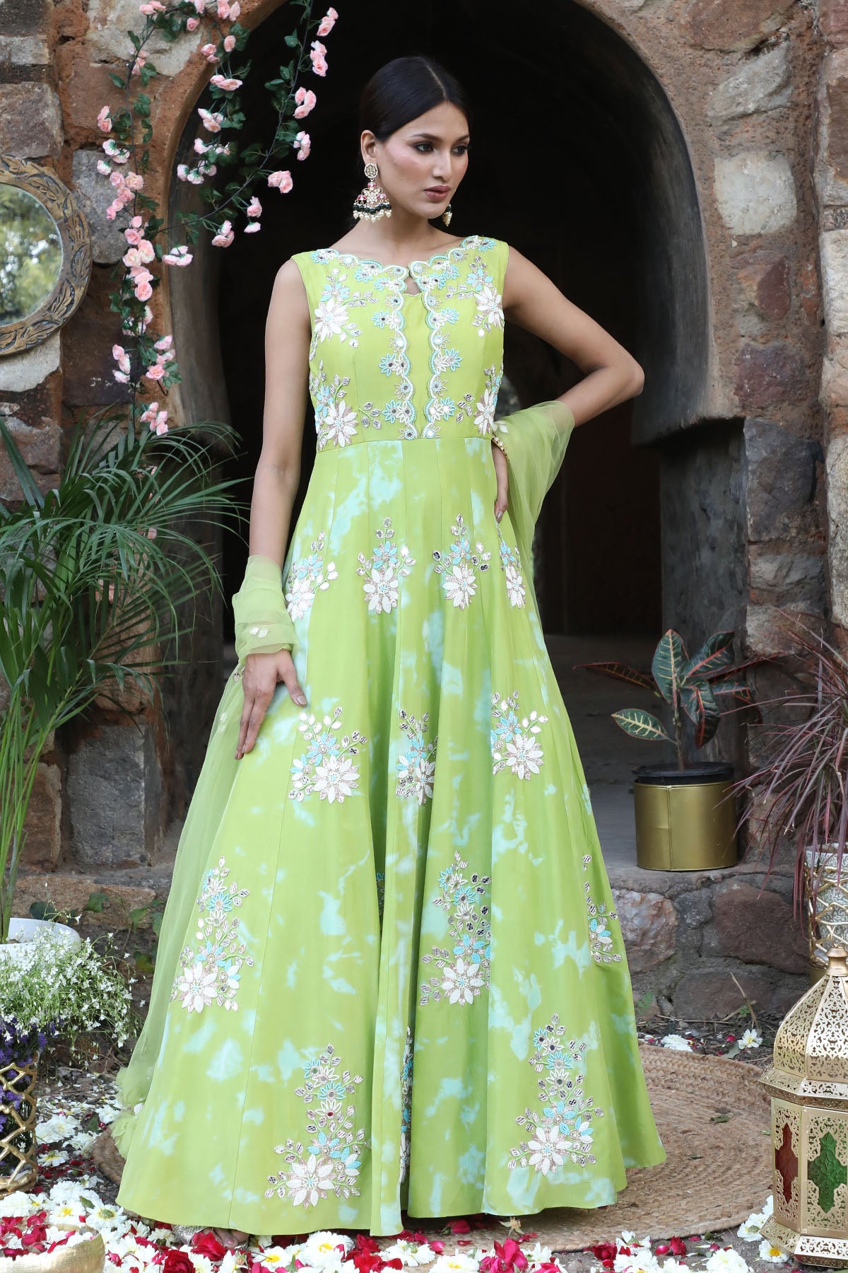 Green Beads Work Anarkali Set