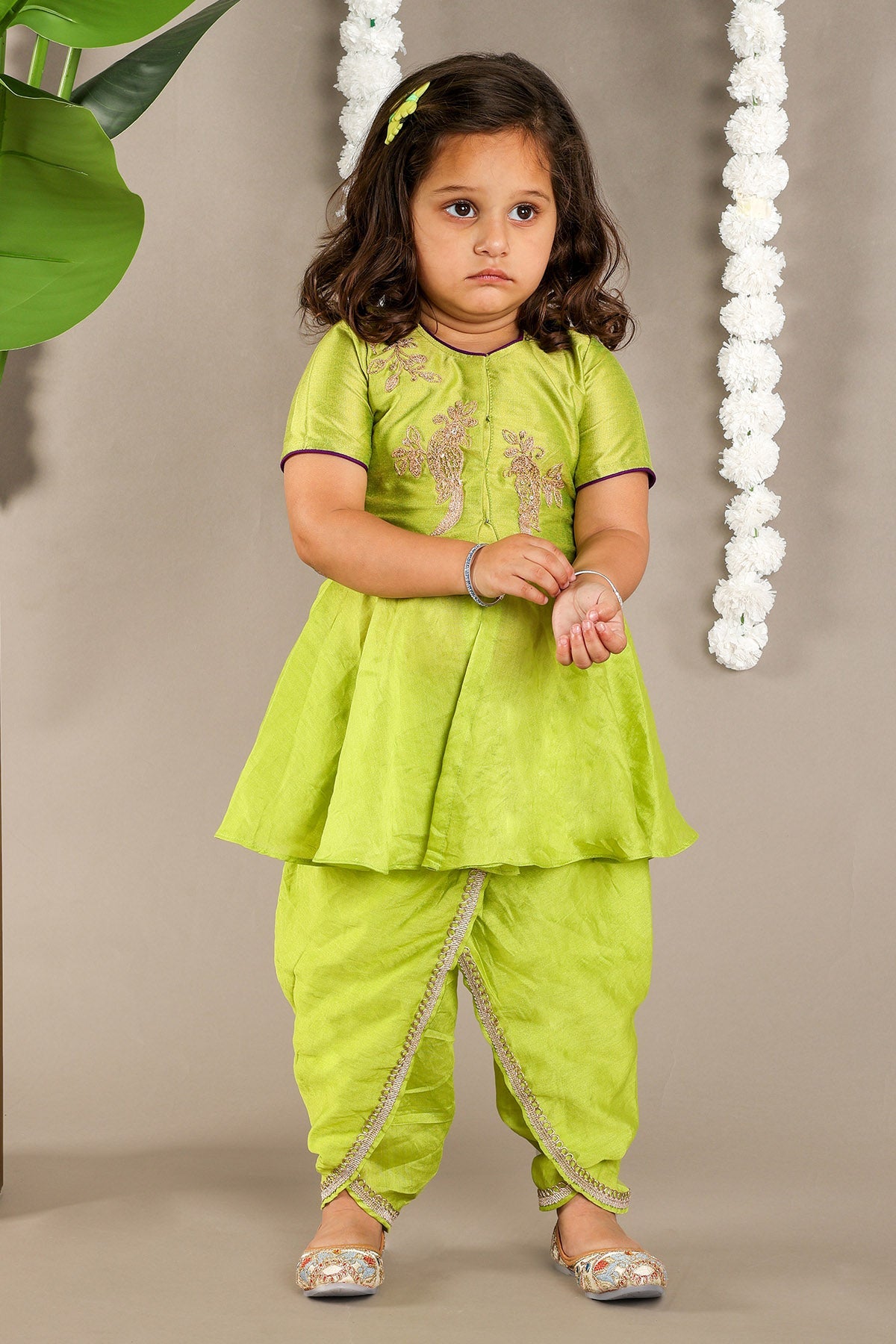 Buy Green Bird Embroidered Dhoti Set by Little Brats for Girl online at ScrollnShops