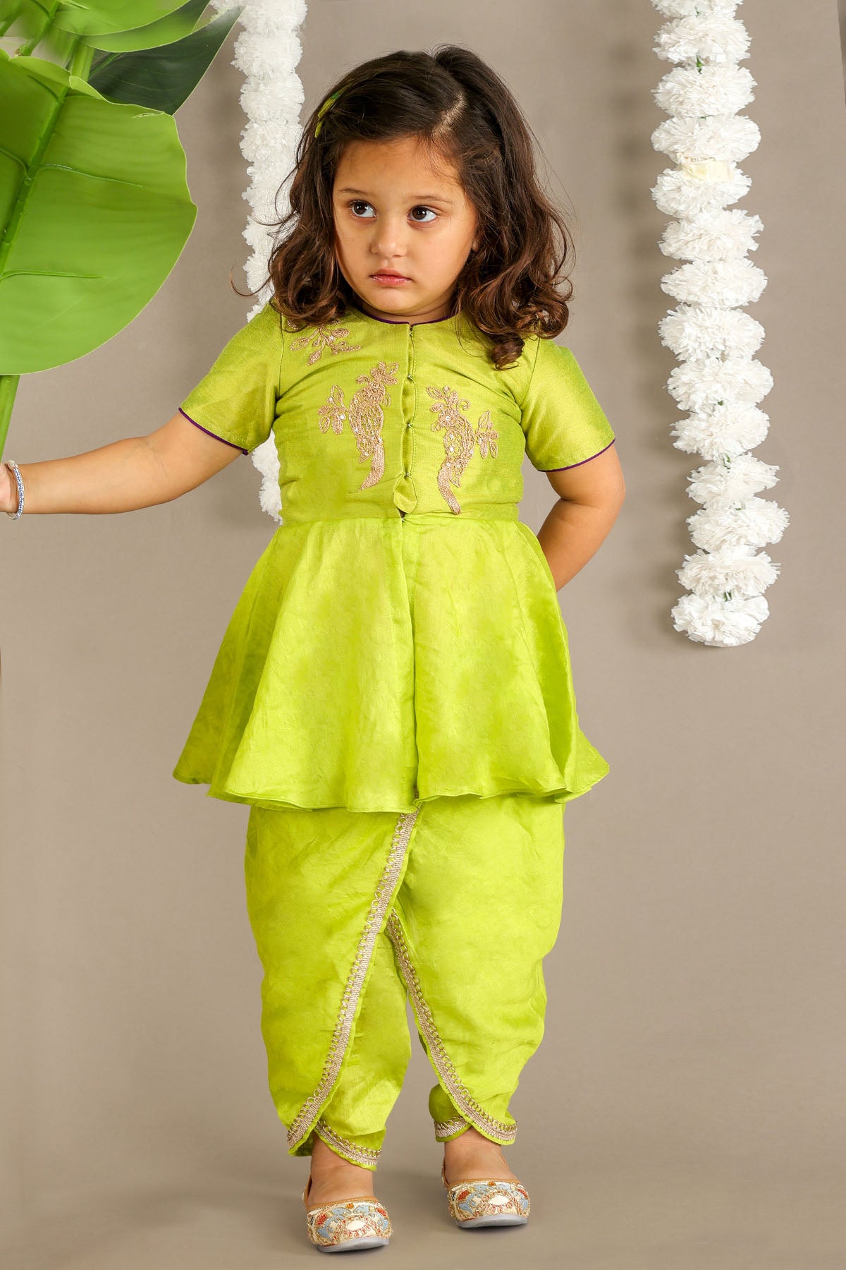 Green Bird Embroidered Dhoti Set