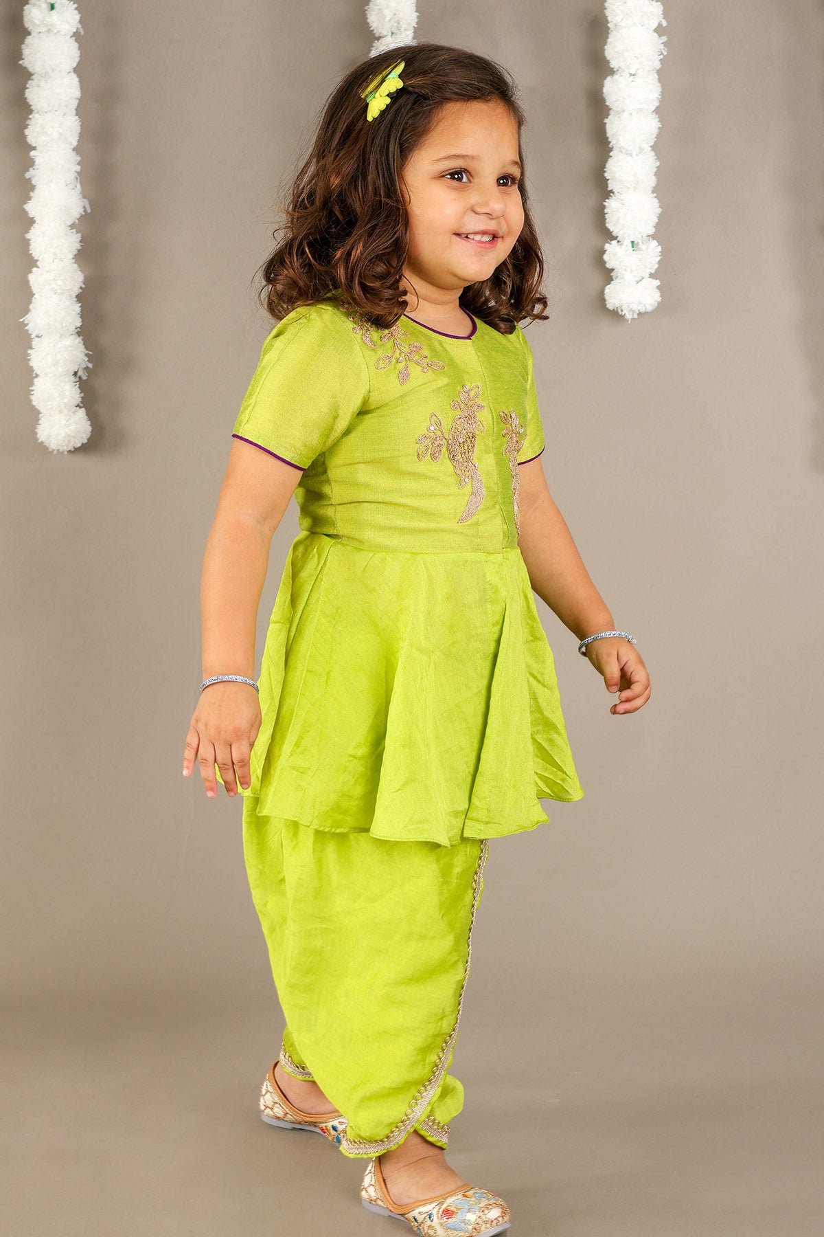 Green Bird Embroidered Dhoti Set