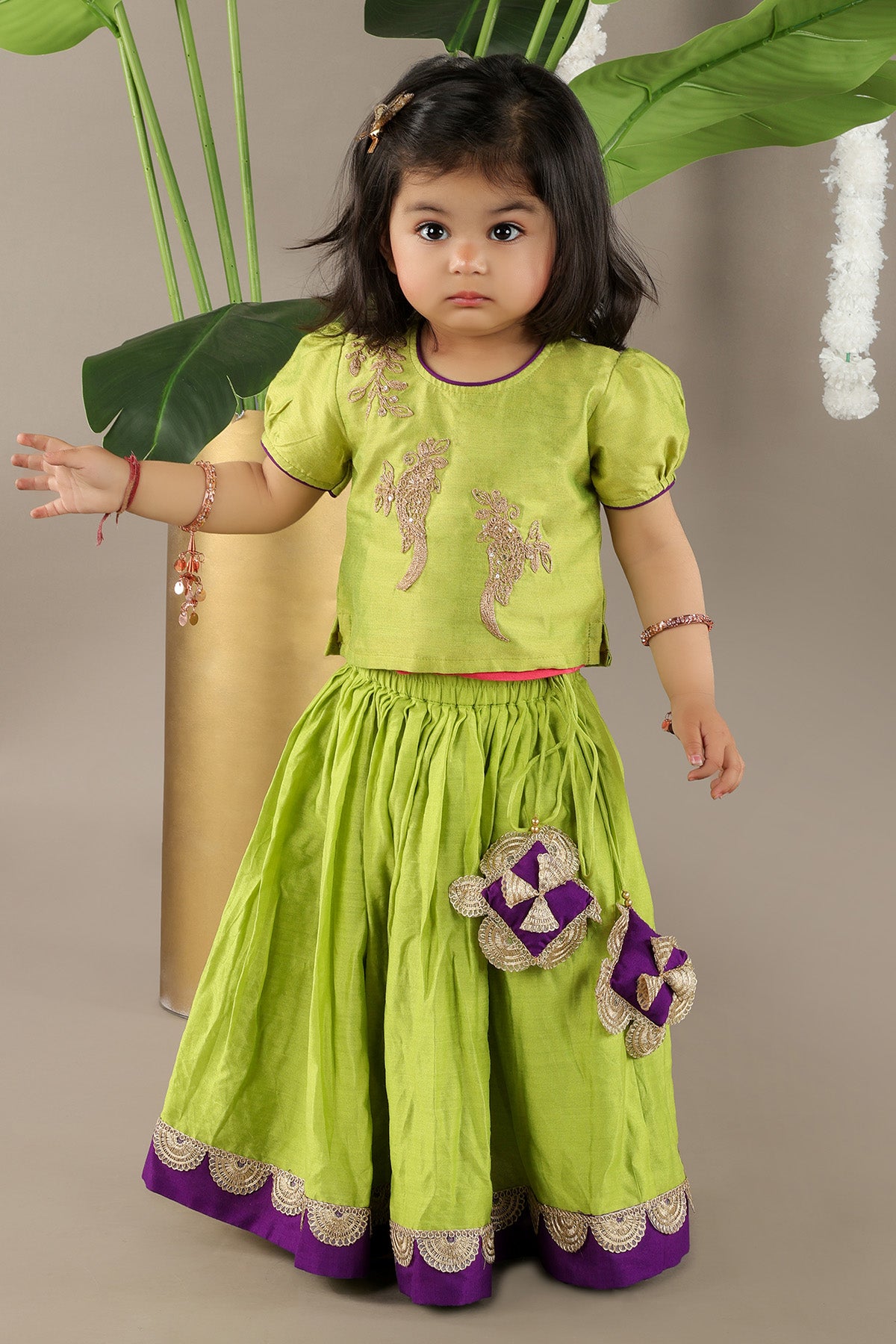 Green Bird Lace Work Lehenga Set