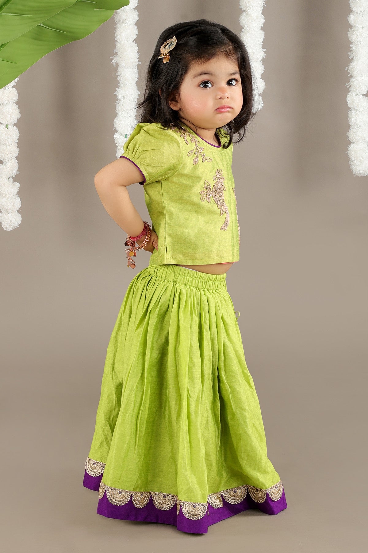 Green Bird Lace Work Lehenga Set