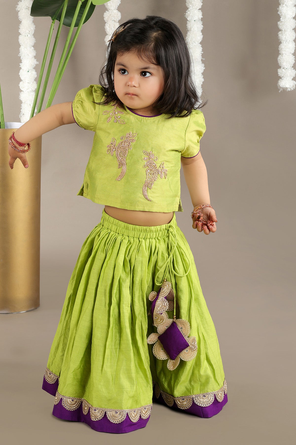 Green Bird Lace Work Lehenga Set