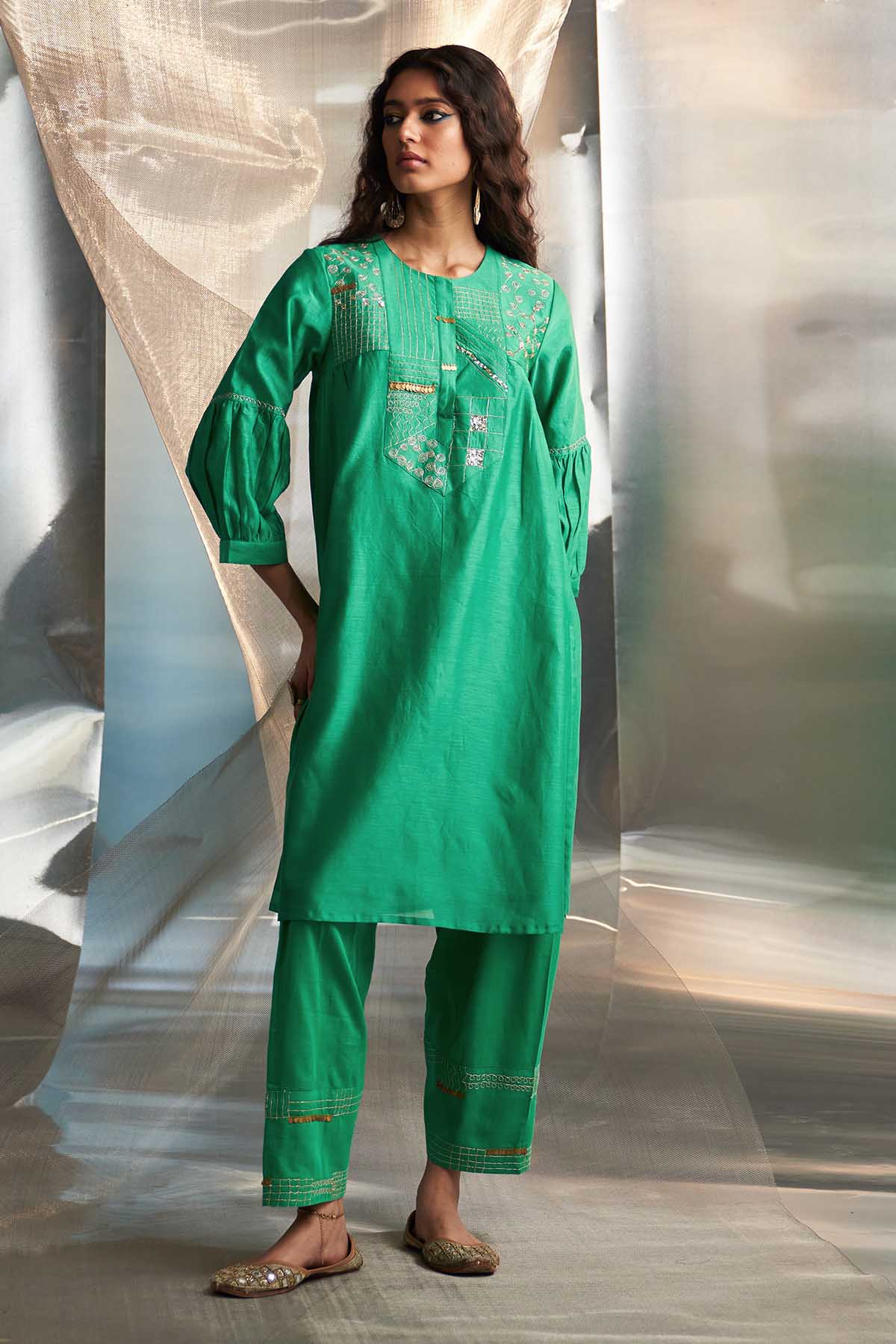 Green Booti Work Long Kurta Set