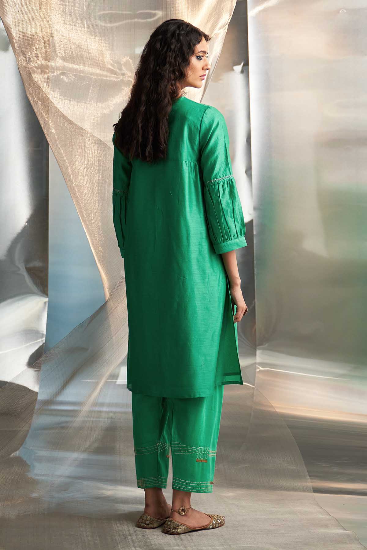 Green Booti Work Long Kurta Set