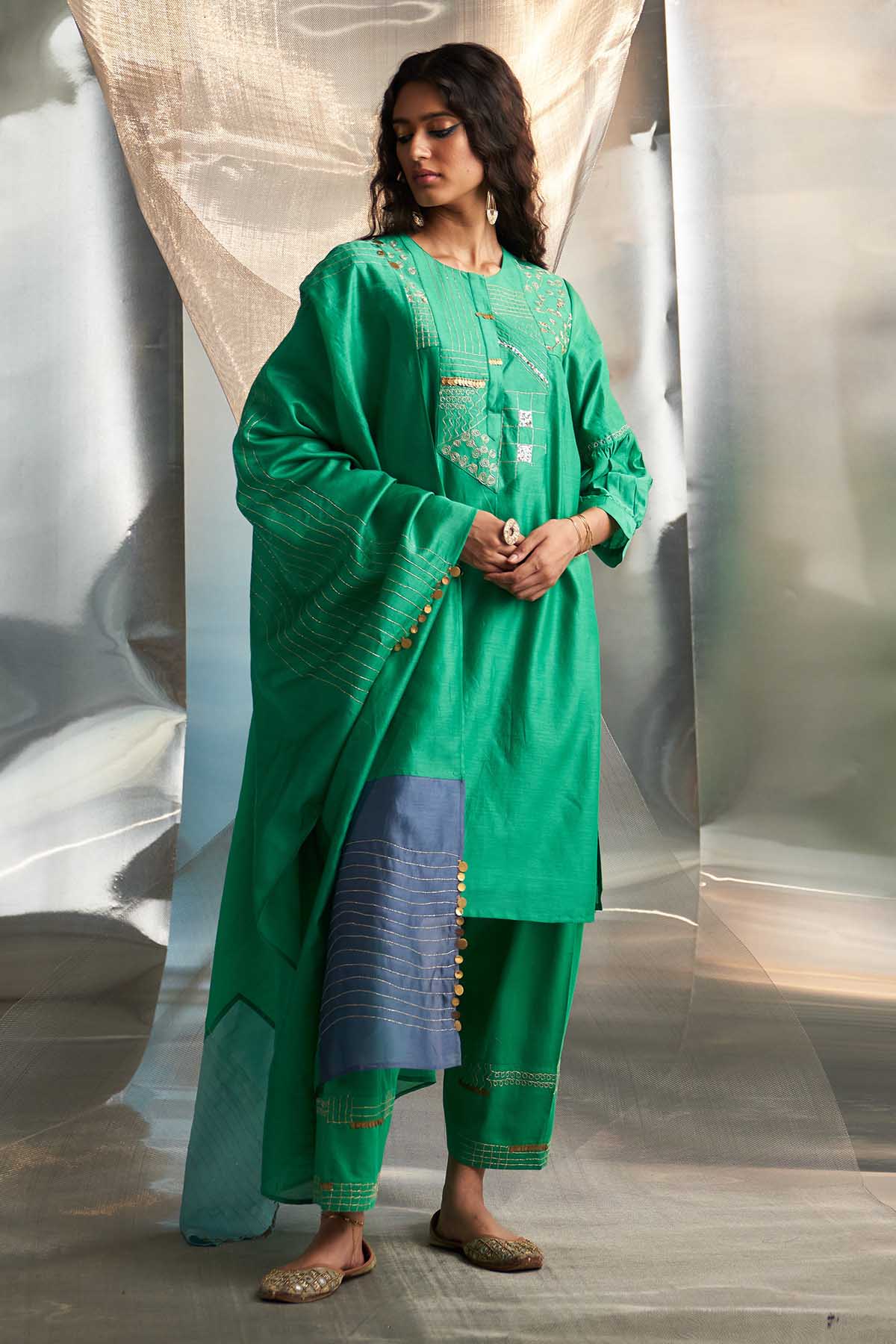 Buy Green Booti Work Long Kurta Set Online