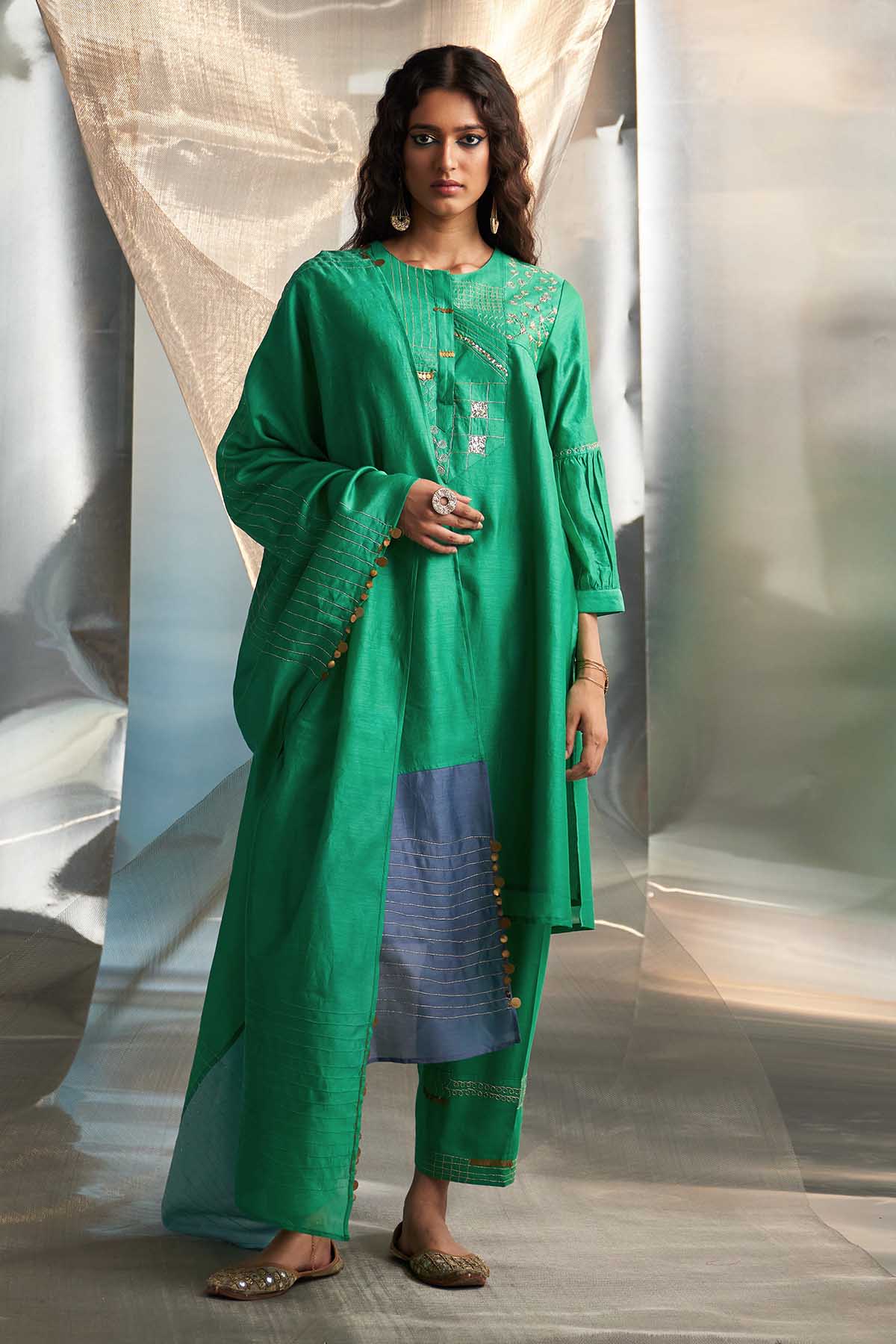 Green Booti Work Long Kurta Set