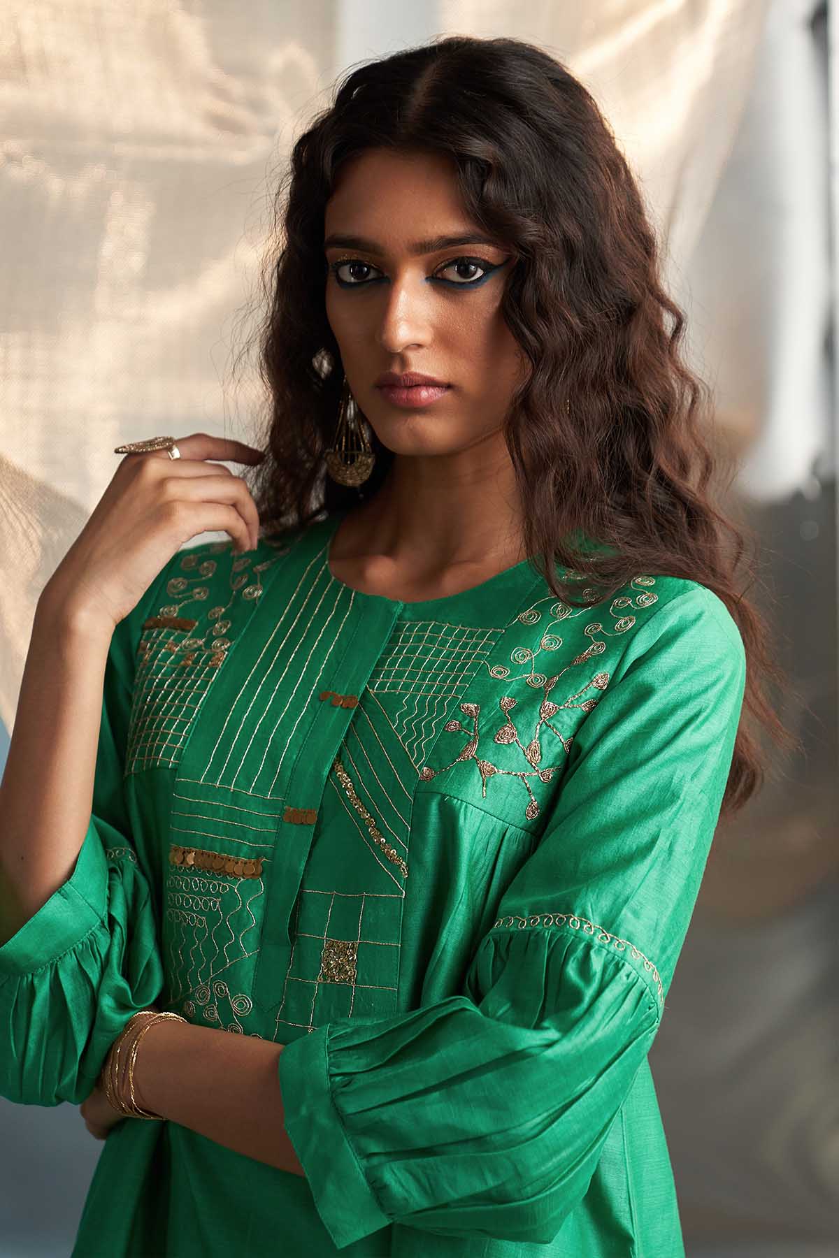 Green Booti Work Long Kurta Set